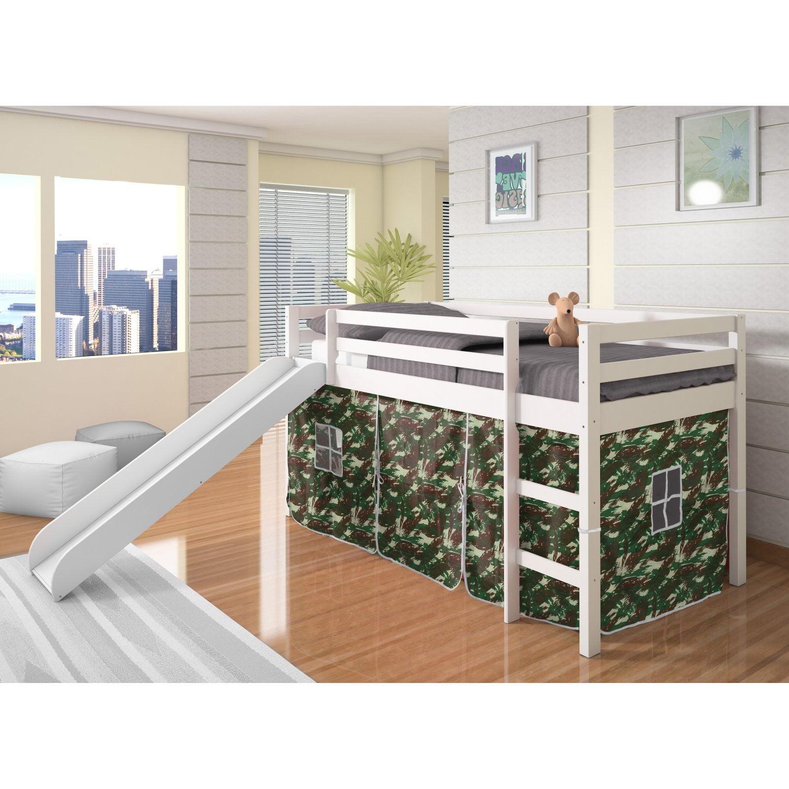 White Twin Loft Bed with Slide and Camo Tent