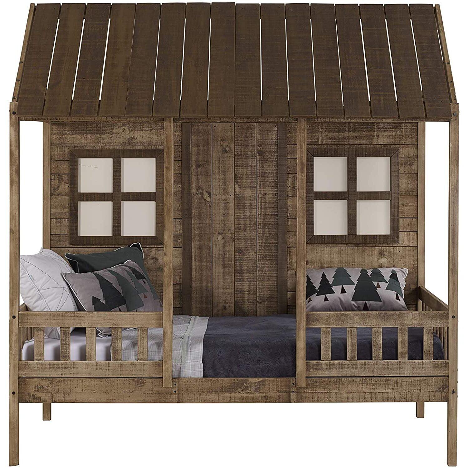 Twin Rustic Driftwood Pine Wood Low Loft Bed with Headboard