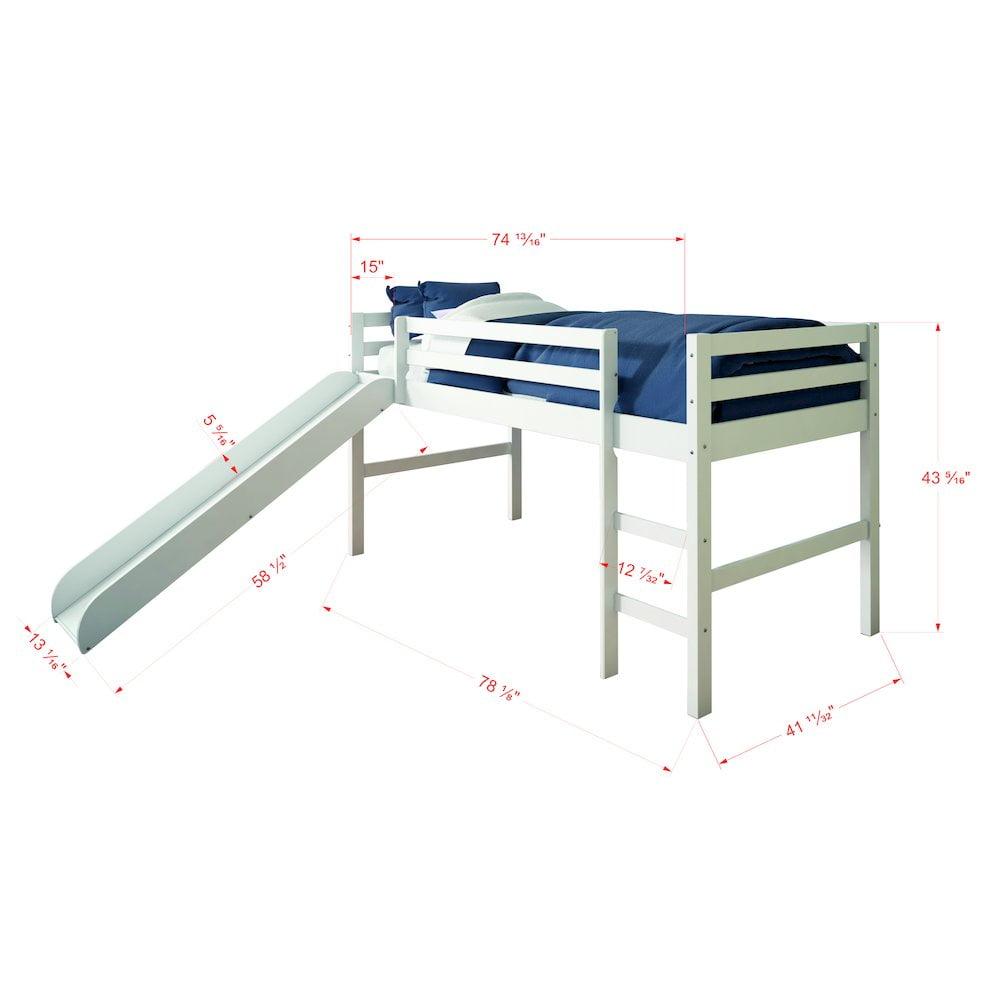 Donco Kids Low Loft Bed with Slide and Blue Tent, Twin, White