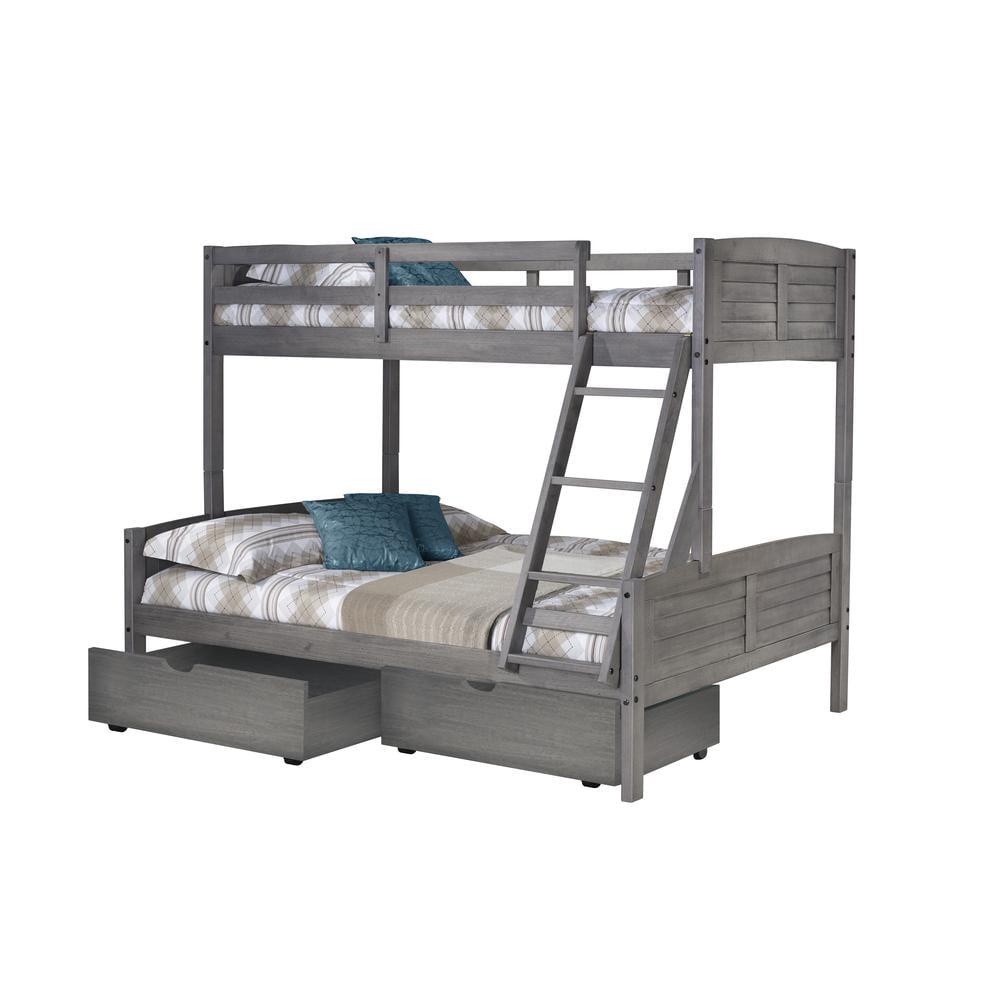Donco Kids Louver Twin Over Full Antique Grey Bunkbed With Dual Underbed Dreawers