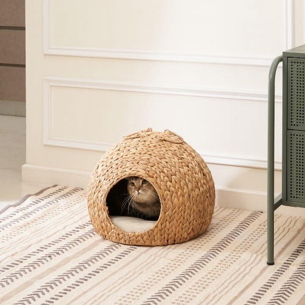 Natural Brown Water Hyacinth Woven Round Cat Bed Cave with Handles