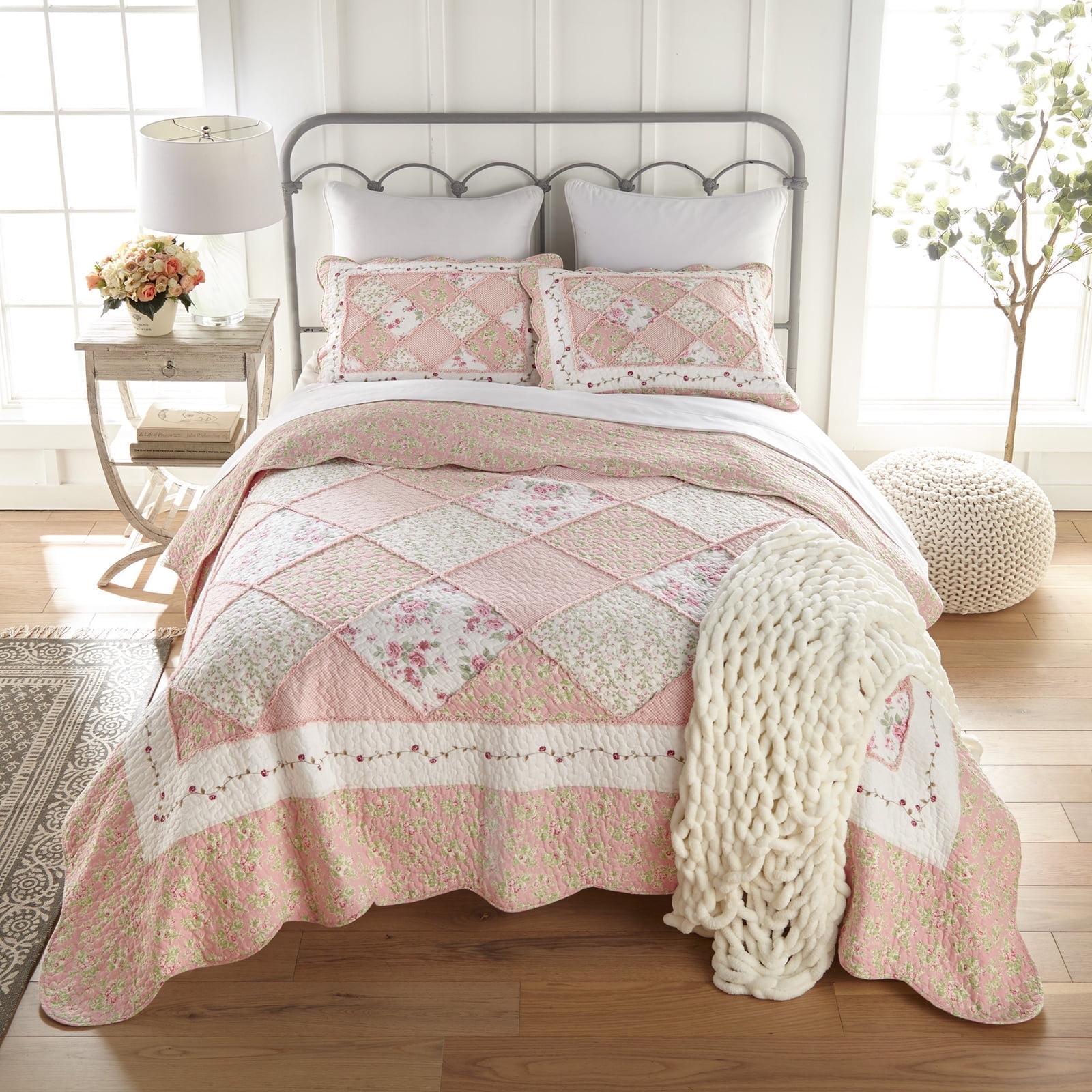 King Pink Cotton Reversible Quilt Set with Floral Patterns