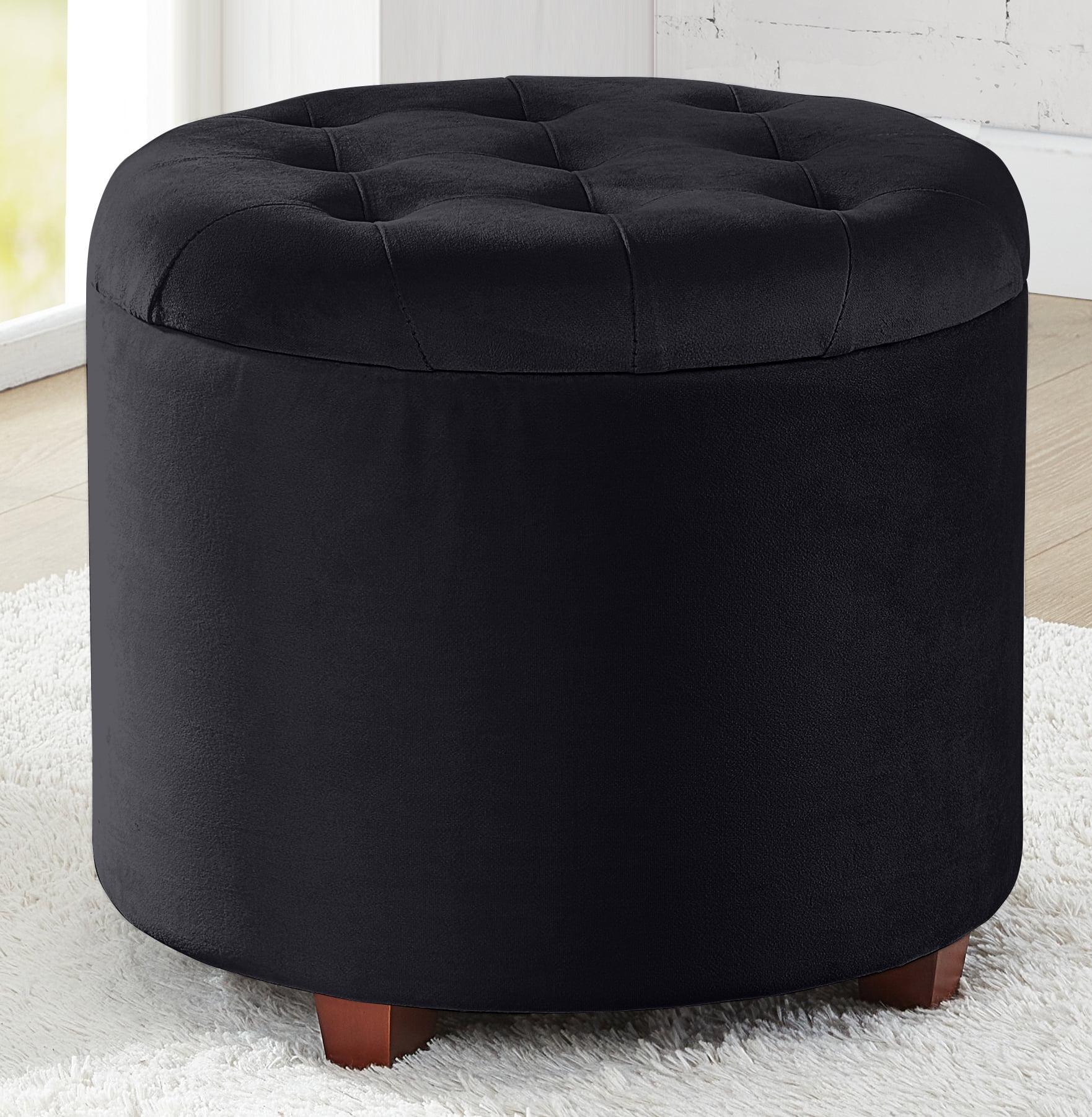 Donovan Round Tufted Velvet Black Storage Ottoman