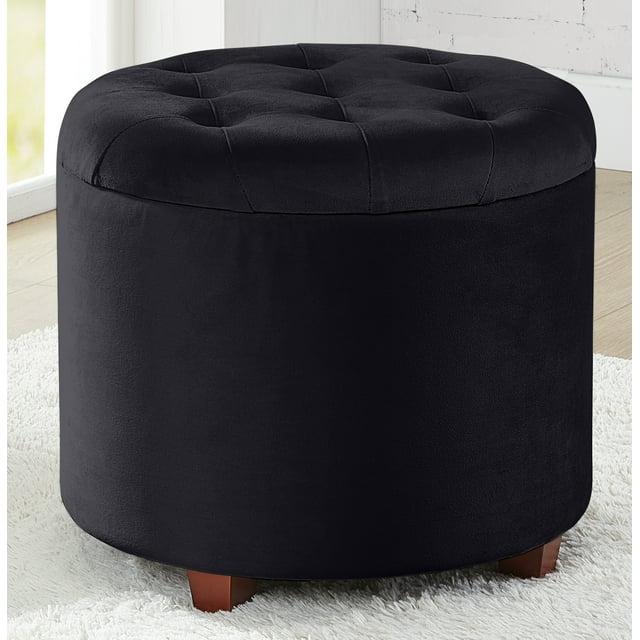 Ornavo Home Velvet Upholstered Round Tufted Storage Ottoman with Wooden Legs - Black