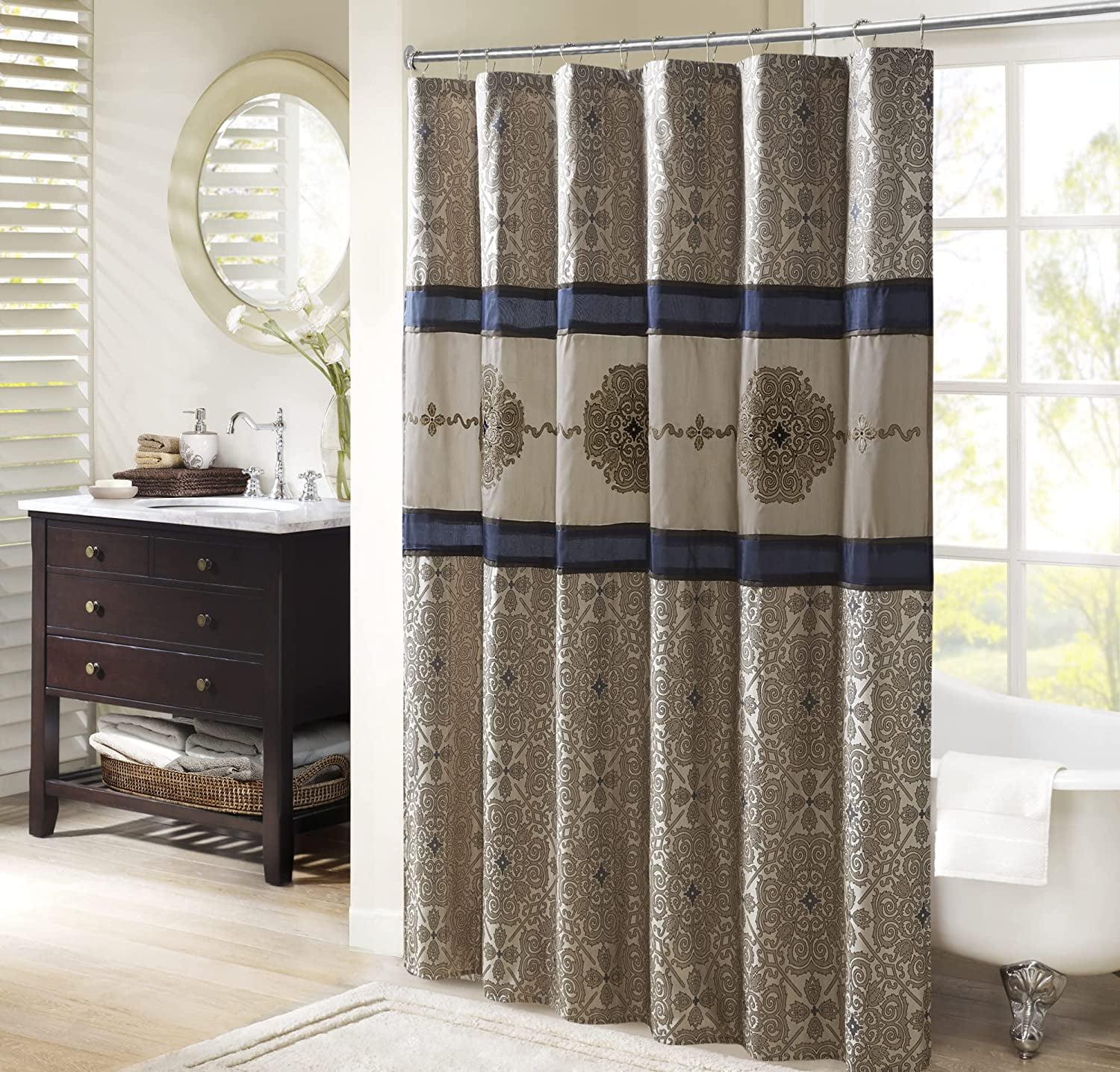 Donovan Navy and Beige Embroidered Fabric Shower Curtain