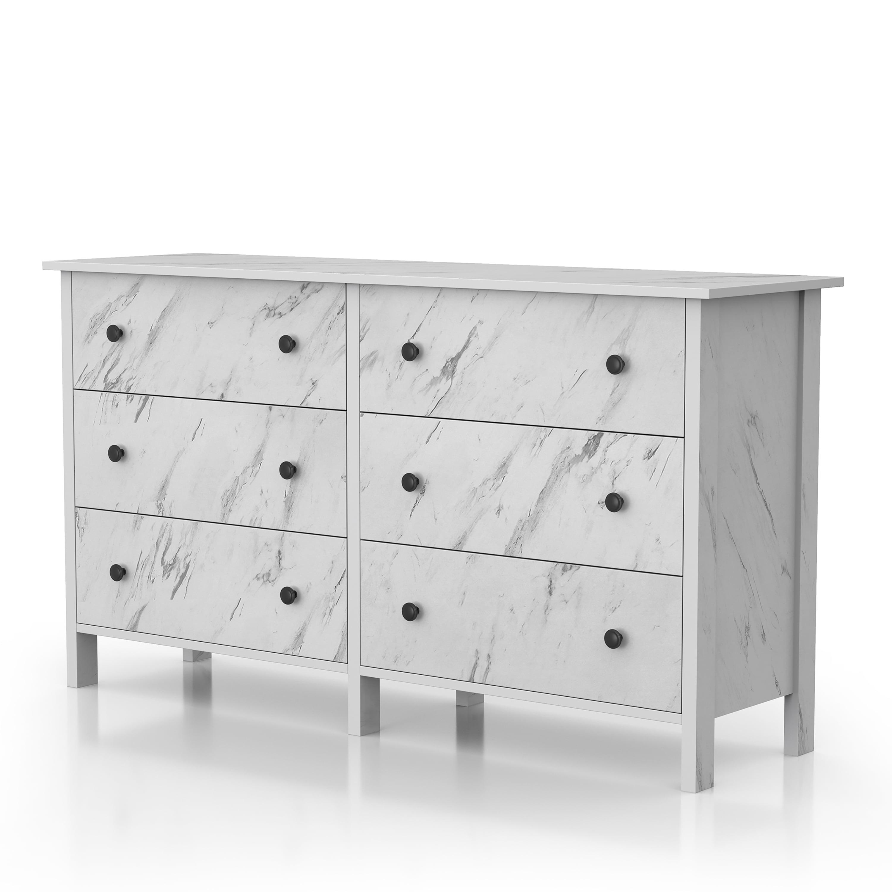 Fichte Transitional 6 Drawer Faux Marble Dresser White Marble - miBasics: Bedroom Storage, Elegant Design