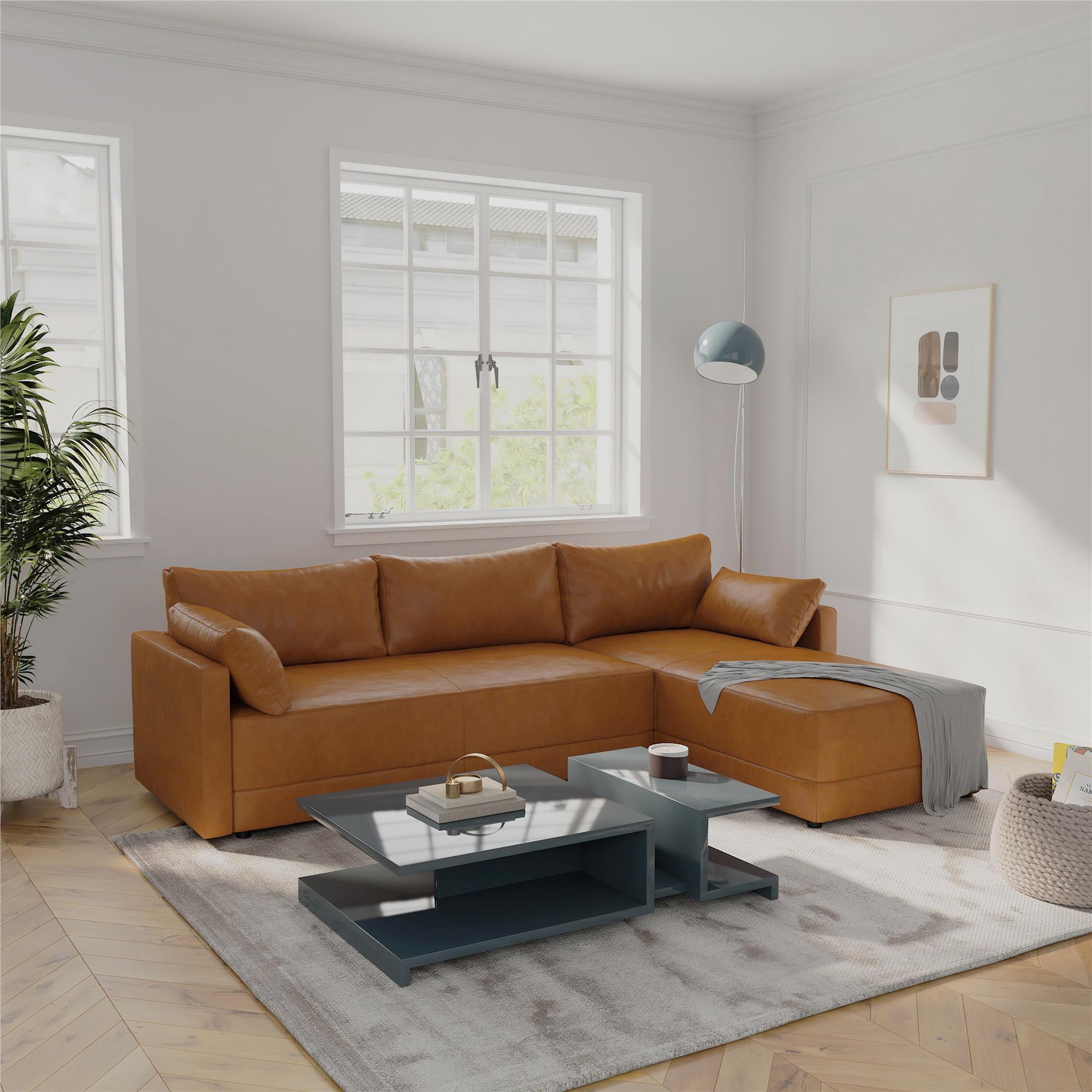 Dorel Living Kindra Sectional Sofa, Camel Faux Leather