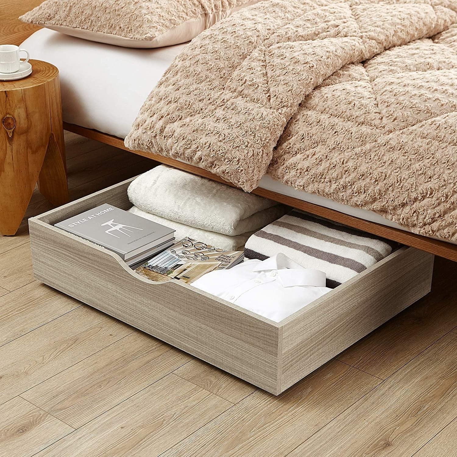 Natural Wooden Underbed Storage Organizer with Wheels