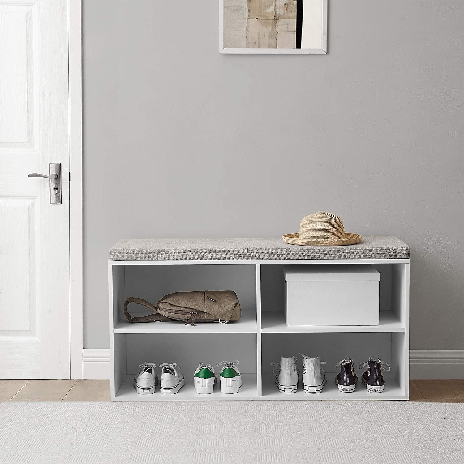 White Double Seater Storage Bench with Gray Cushion