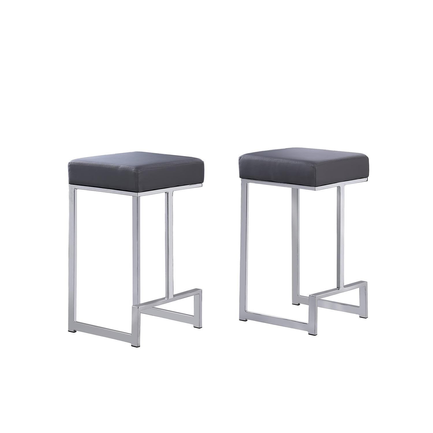 Gray Faux Leather Backless Counter Stools with Steel Base, Set of 2