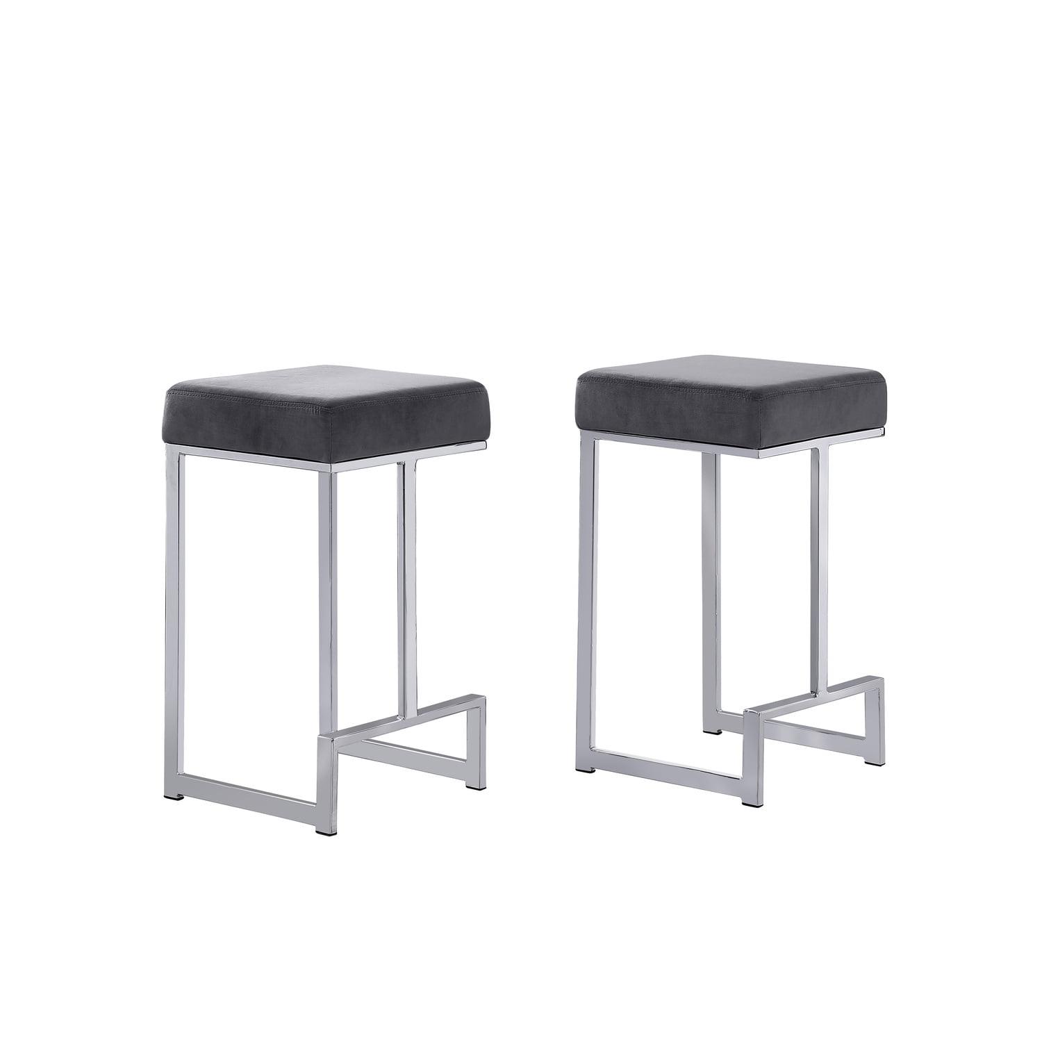 Gray Faux Leather Backless Counter Stools with Stainless Steel Base, Set of 2