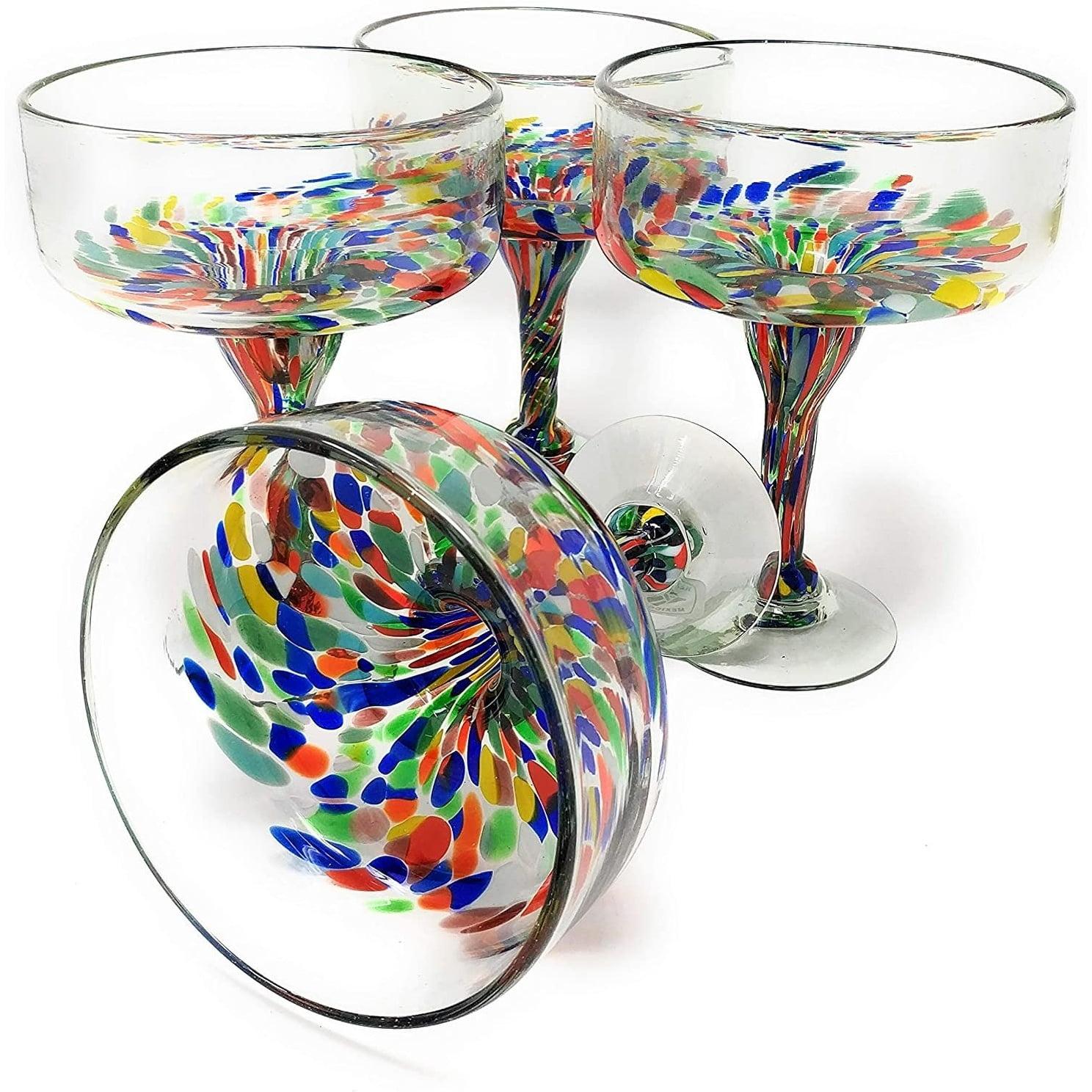 Dos Sueños Mexican Hand Blown Margarita Glasses - Confetti Carmen Design - 16oz - Set of 4