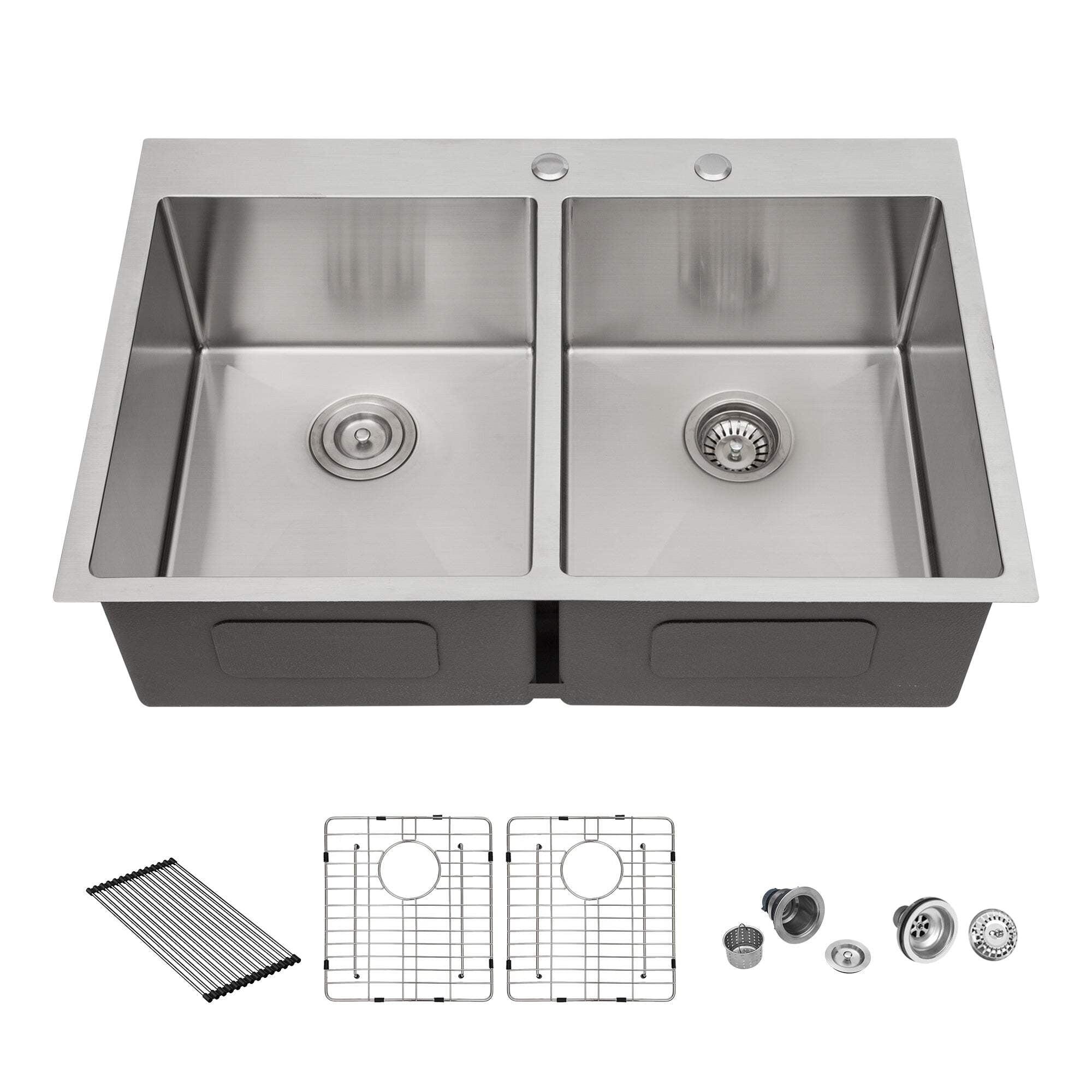 33" Brushed Nickel Double Bowl Stainless Steel Farmhouse Sink