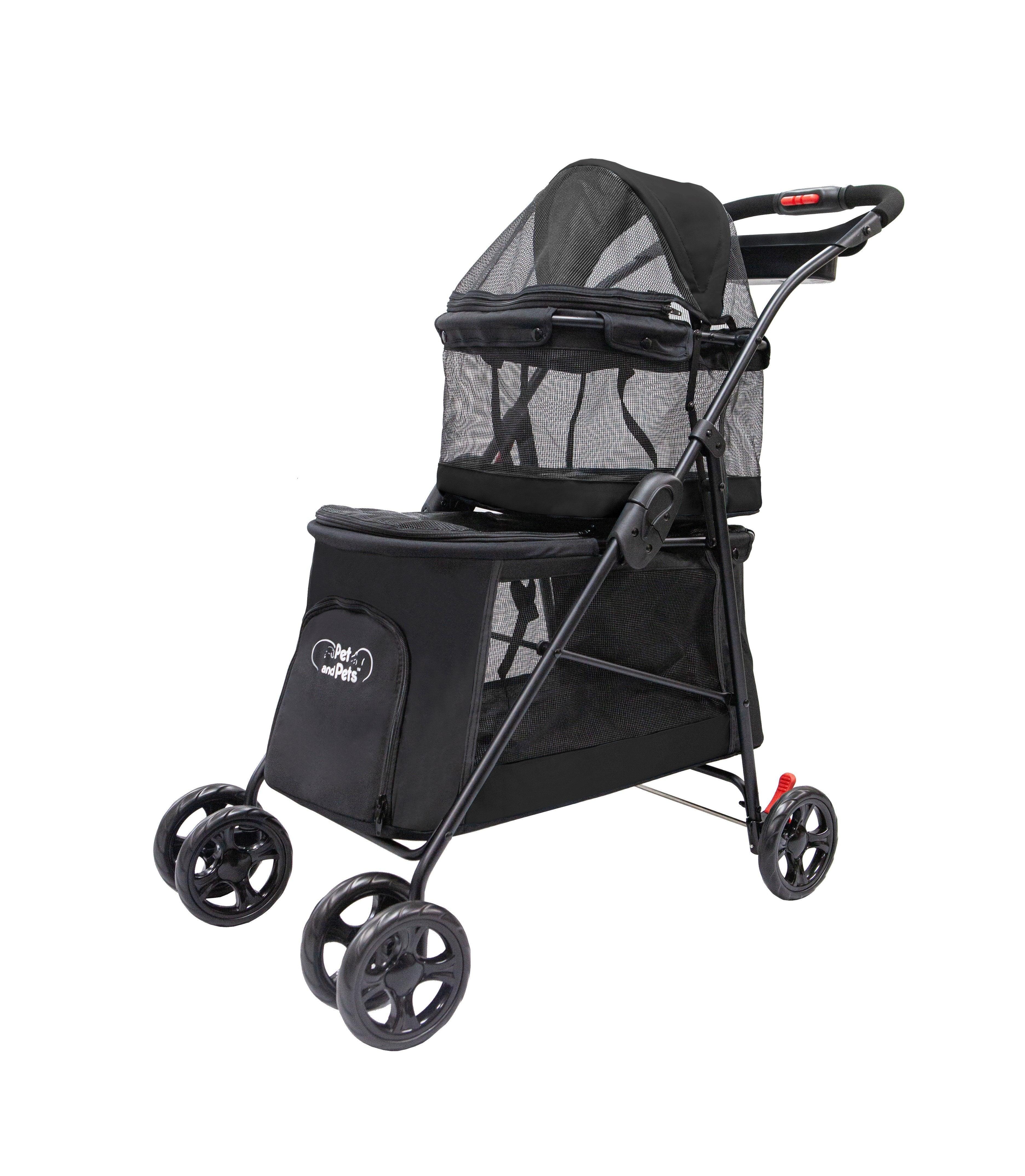 Black Double Decker Pet Stroller with Mesh Windows