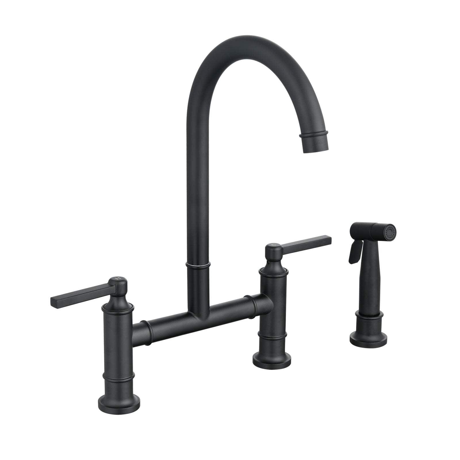 Matte Black Stainless Steel Double Handle Bridge Kitchen Faucet with Side Spray