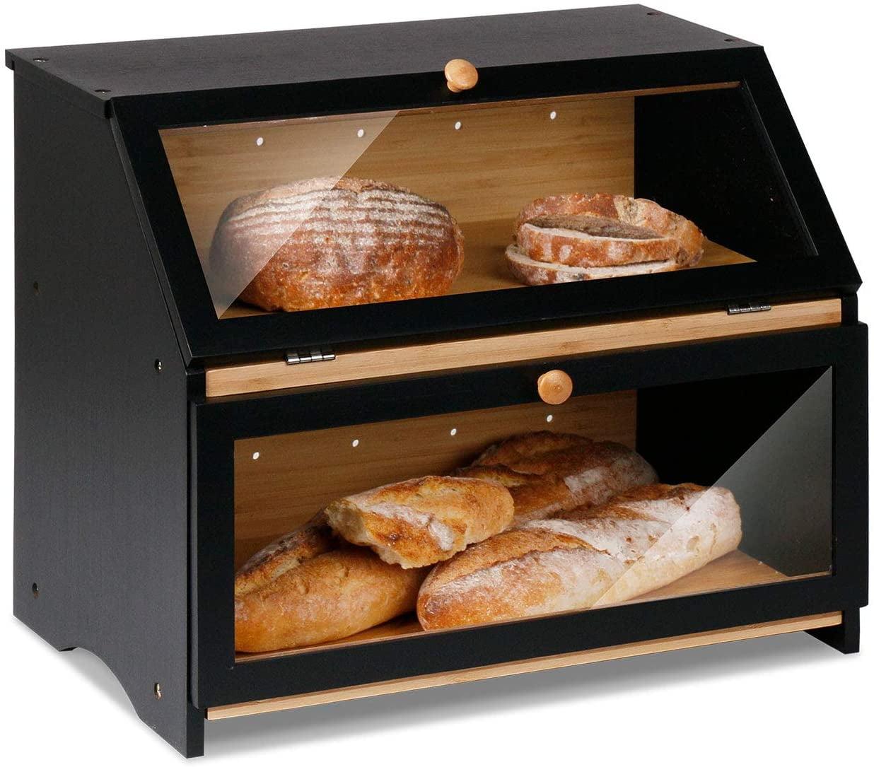 hghfhj   HOMEKOKO Double Layer Large Bread Box for Kitchen Counter  Wooden Large Capacity Bread Storage Bin (Black)