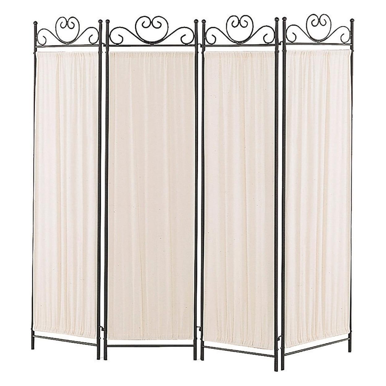 Beige and Black 4-Panel Metal Folding Screen with Fabric Panels