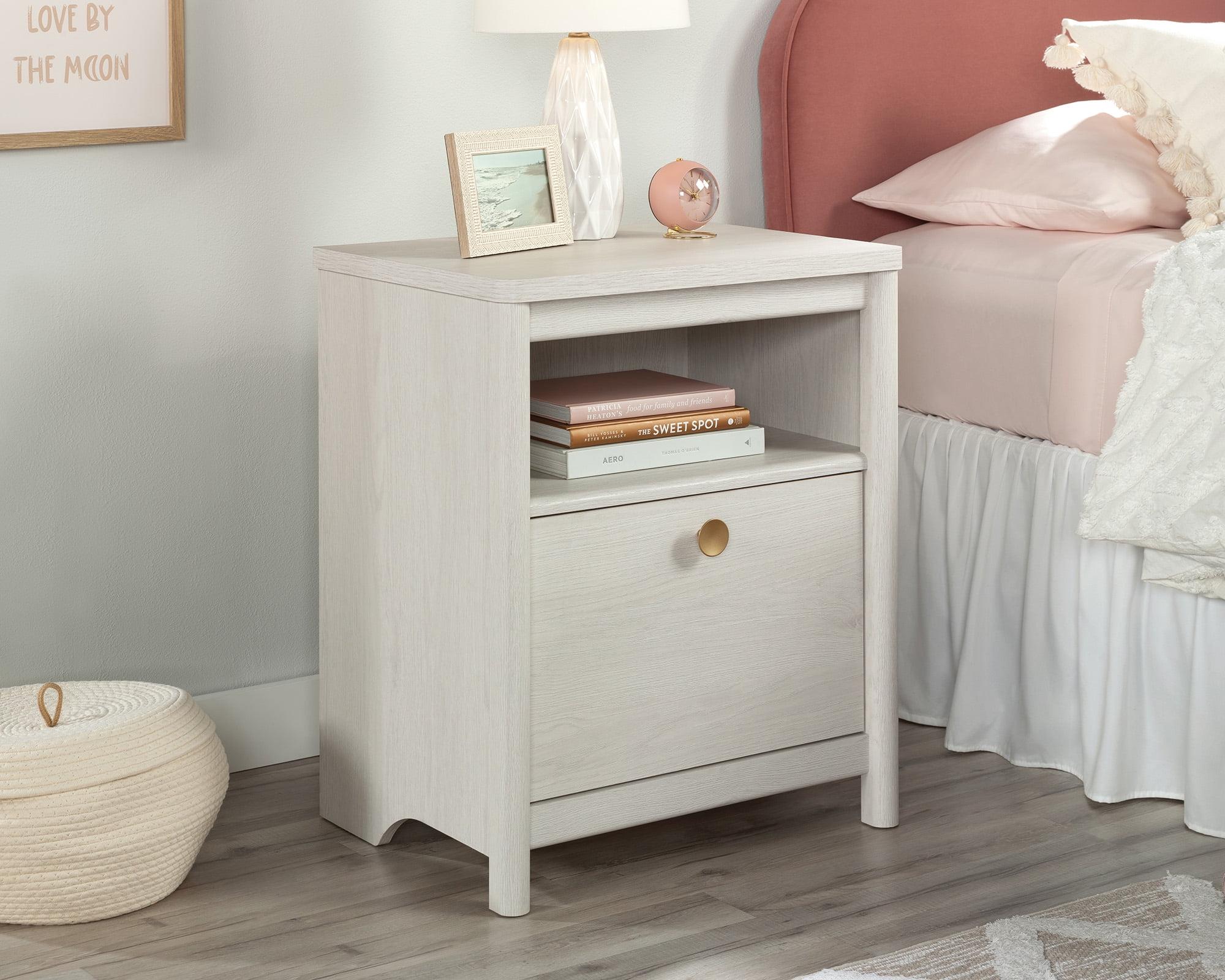 Glacier Oak Modern Rustic Nightstand with Open Shelf and Drawer