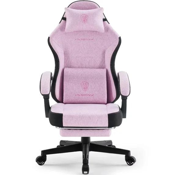 Dowinx Fabric Gaming Chair with Massage Lumbar Support, High Back Ergonomic Computer Chair with Footrest for Adult, Pink