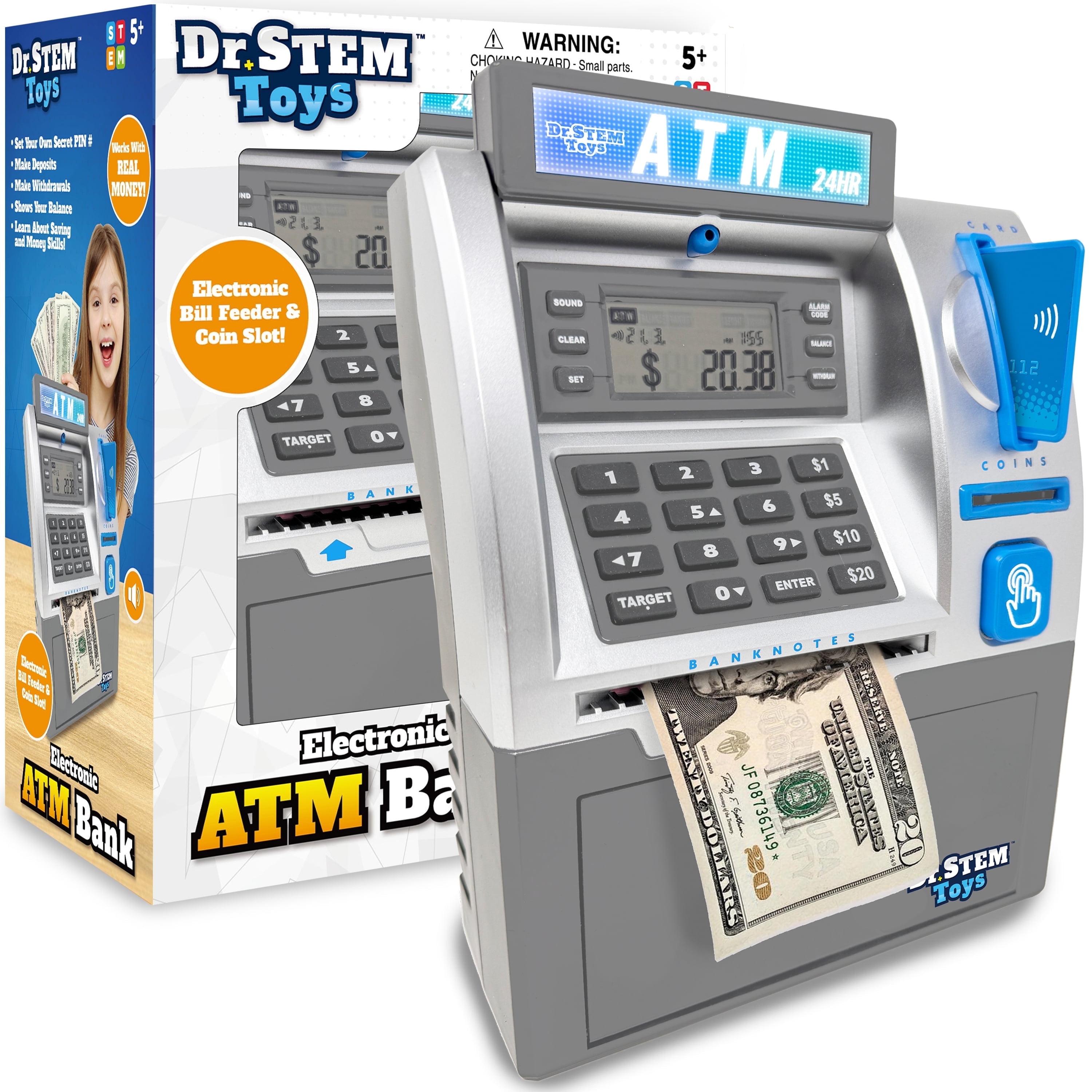 Dr. STEM: Electronic ATM Bank - Real Money Savings Piggy Bank Toy, LCD Digital Screen, Bill Feeder & Coin Counter, Pin Entry, STEM Learning, Kids 5+
