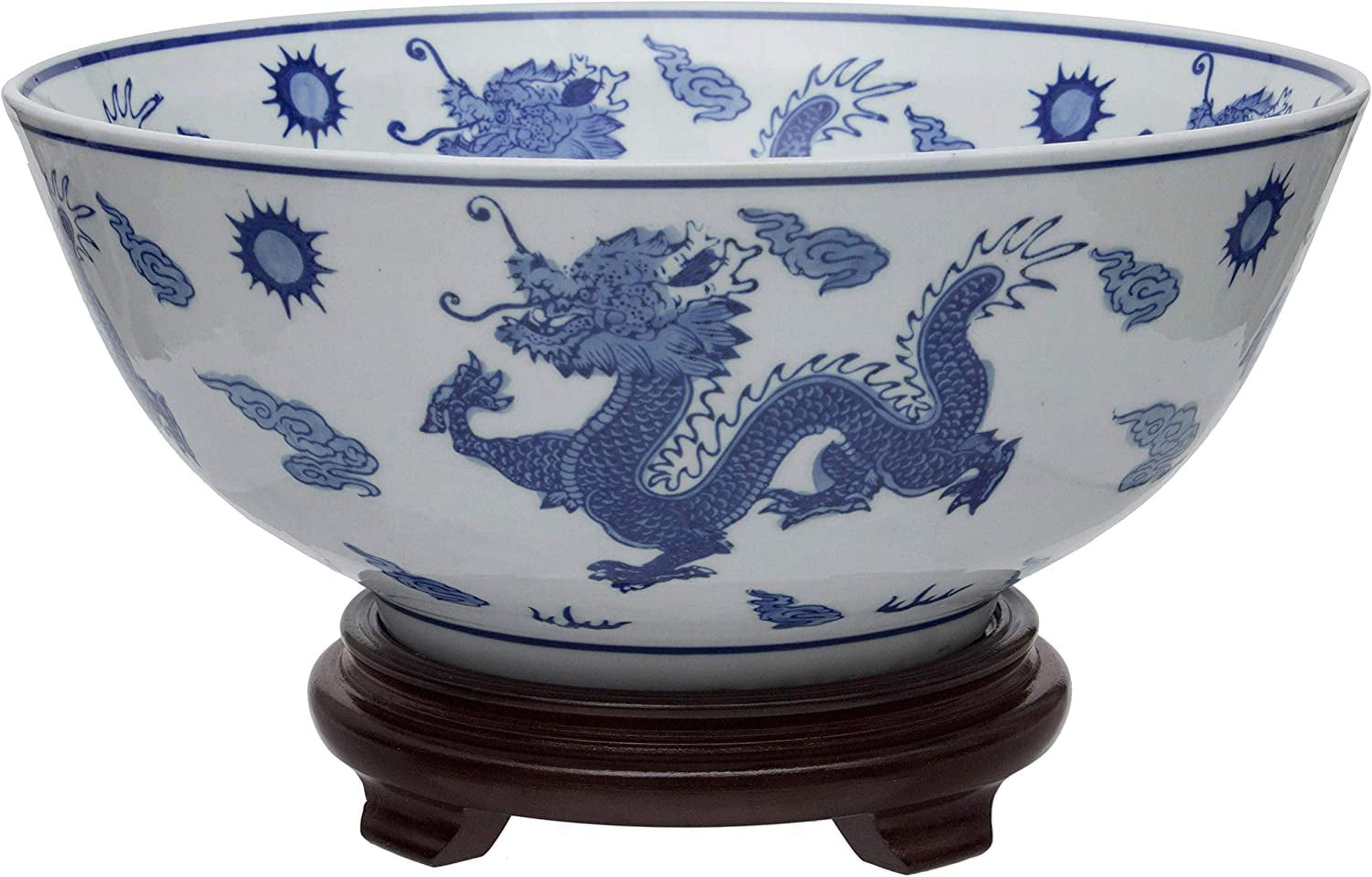 Elegant Dragon Blue & White Porcelain Decorative Bowl 14"