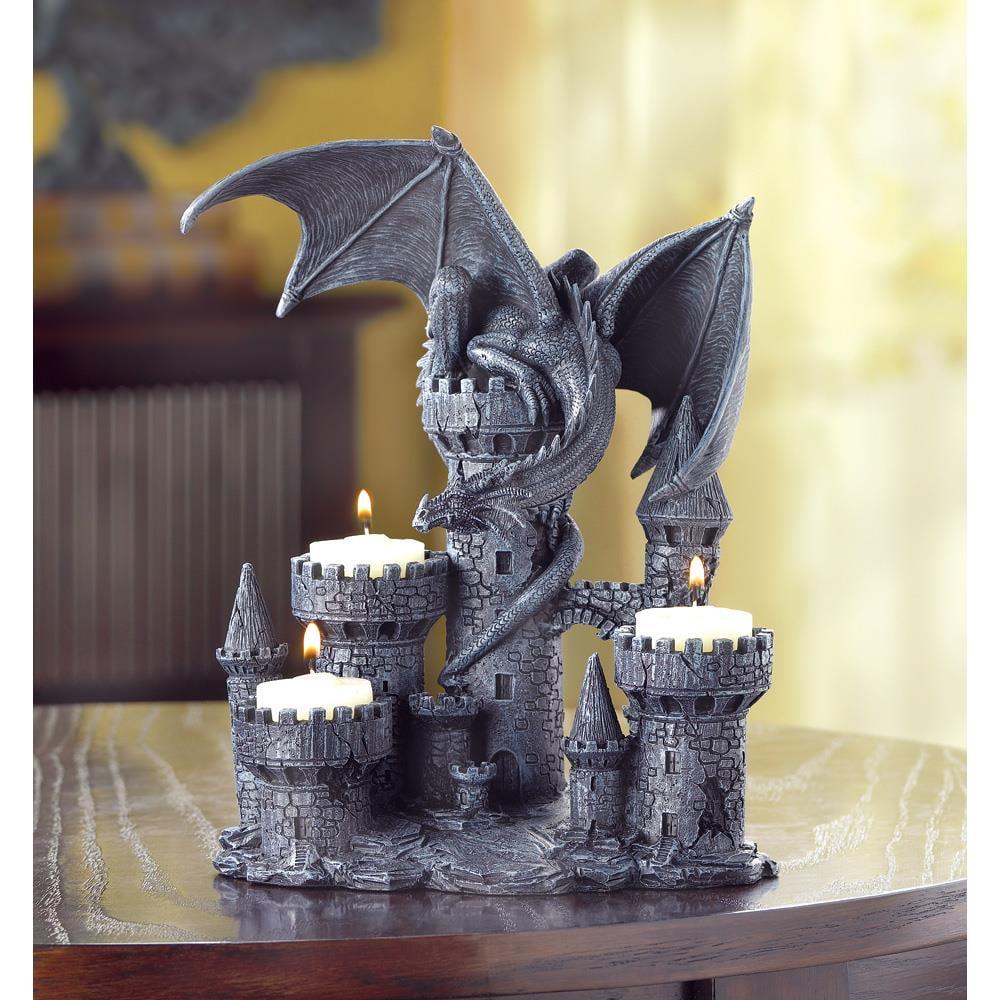 Gothic Dragon Castle Polyresin Tealight Candle Holder, Gray