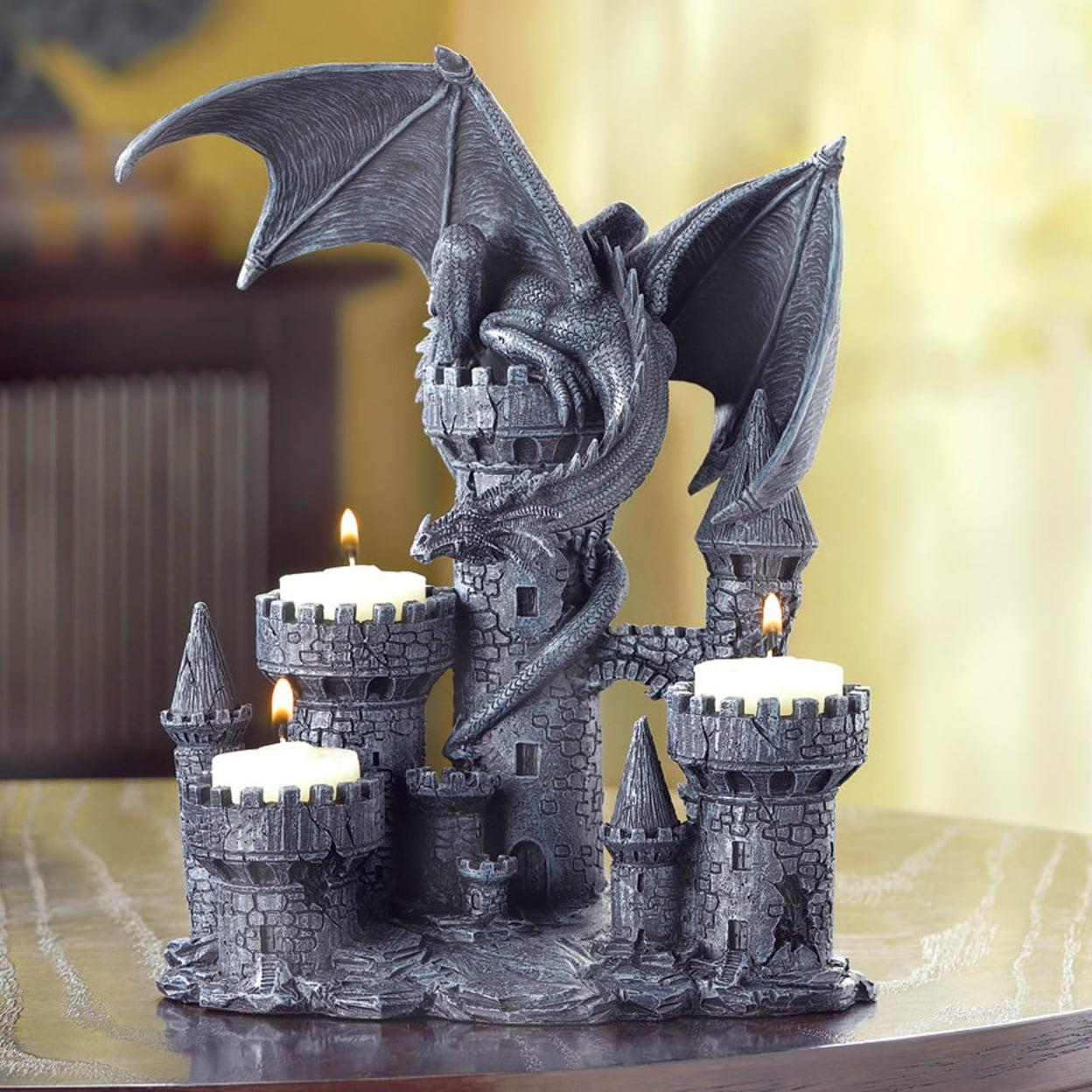 Gothic Dragon Castle Polyresin Tealight Candle Holder, Gray
