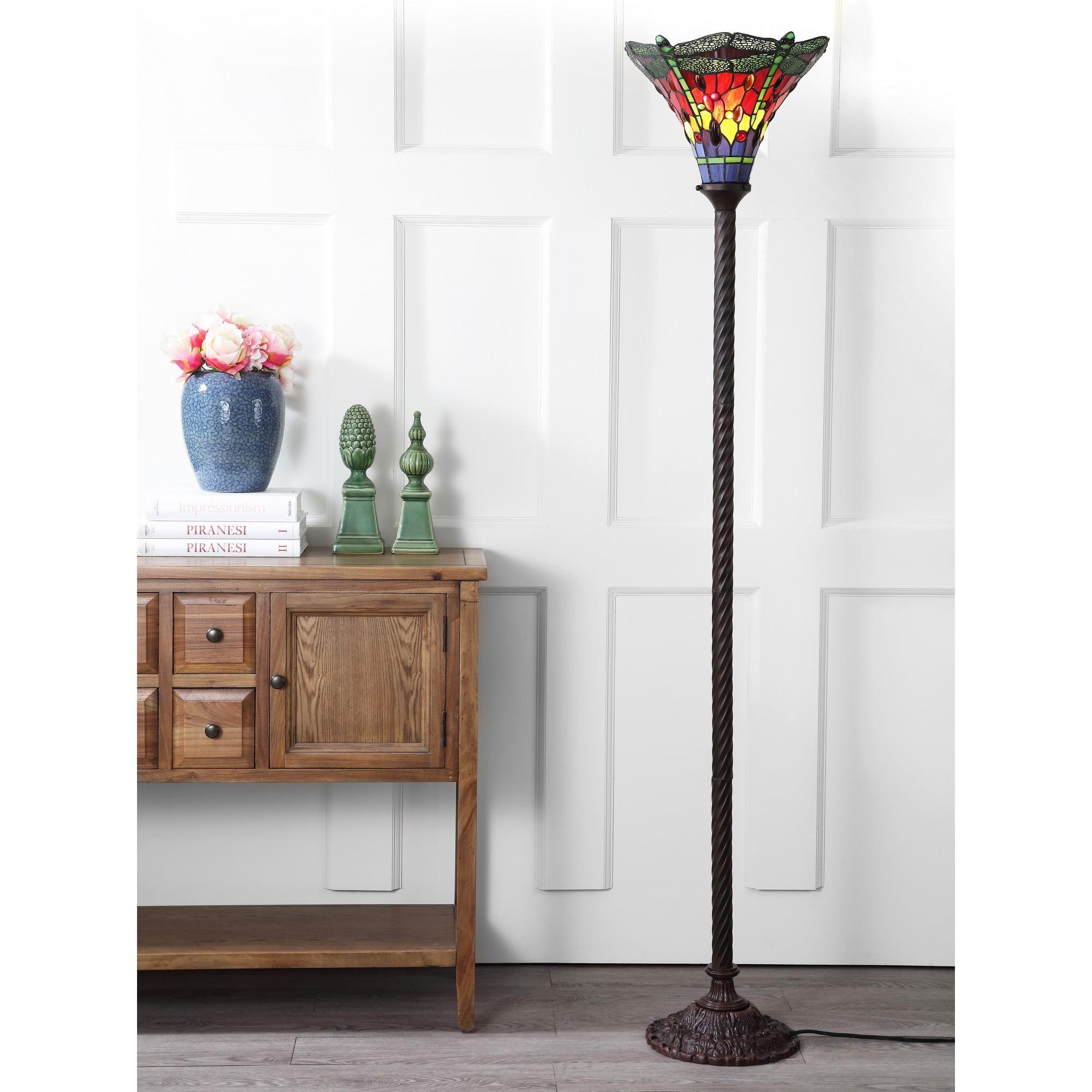 Dragonfly Tiffany-Style 71" Bronze Stained Glass Torchiere Floor Lamp