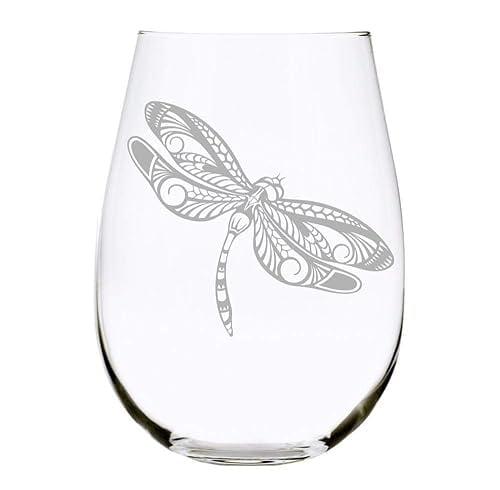 Clear Glass Stemless Wine Goblet with Dragonfly Design