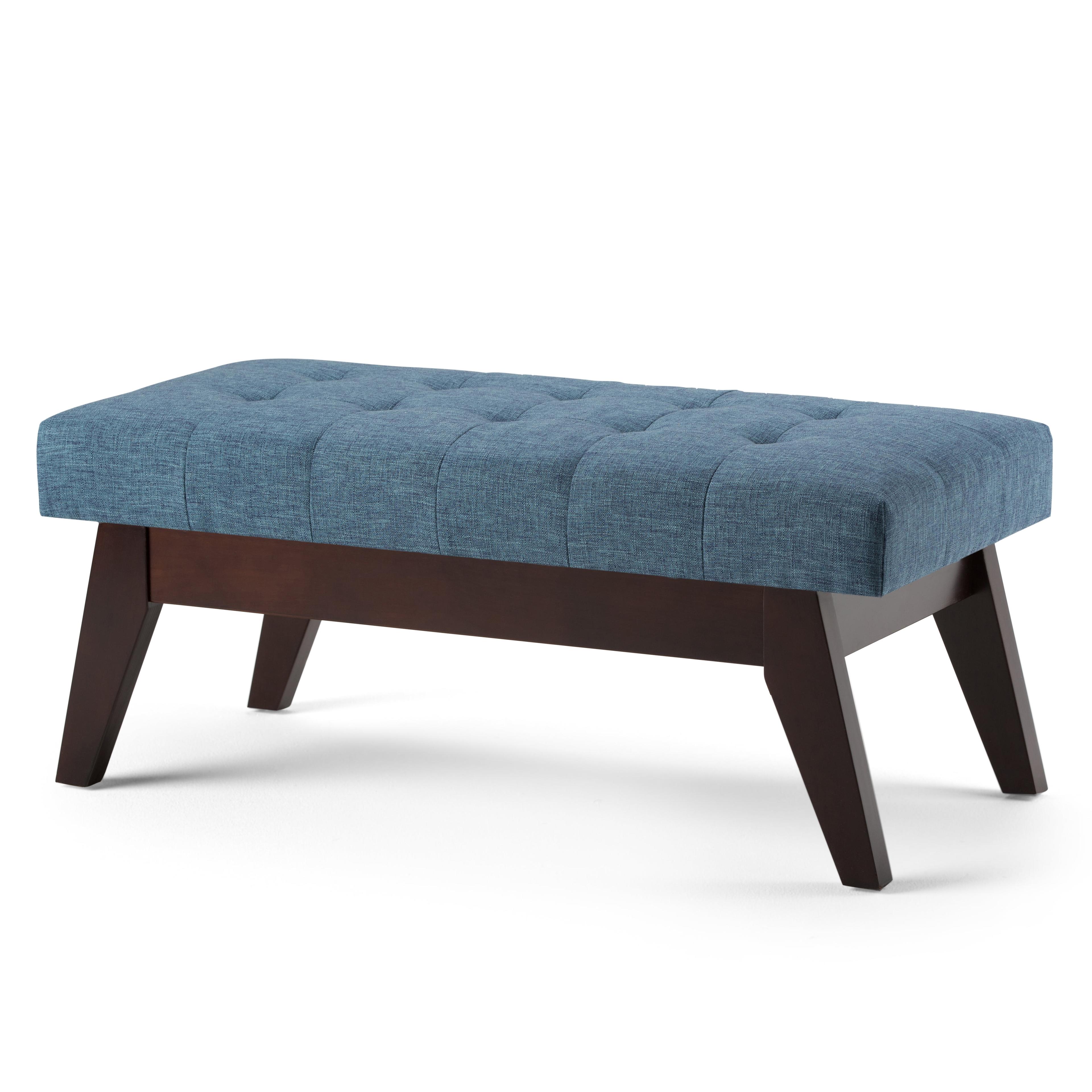 Draper Mid Century Tufted Ottoman Bench in Denim Blue Linen