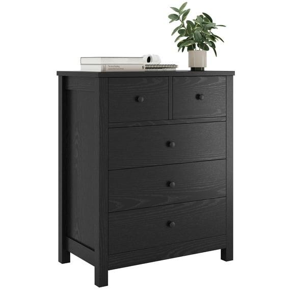 Drawer Chest Dresser with Metal Round Handle, Wood Nightstand with 5 Storage Drawers