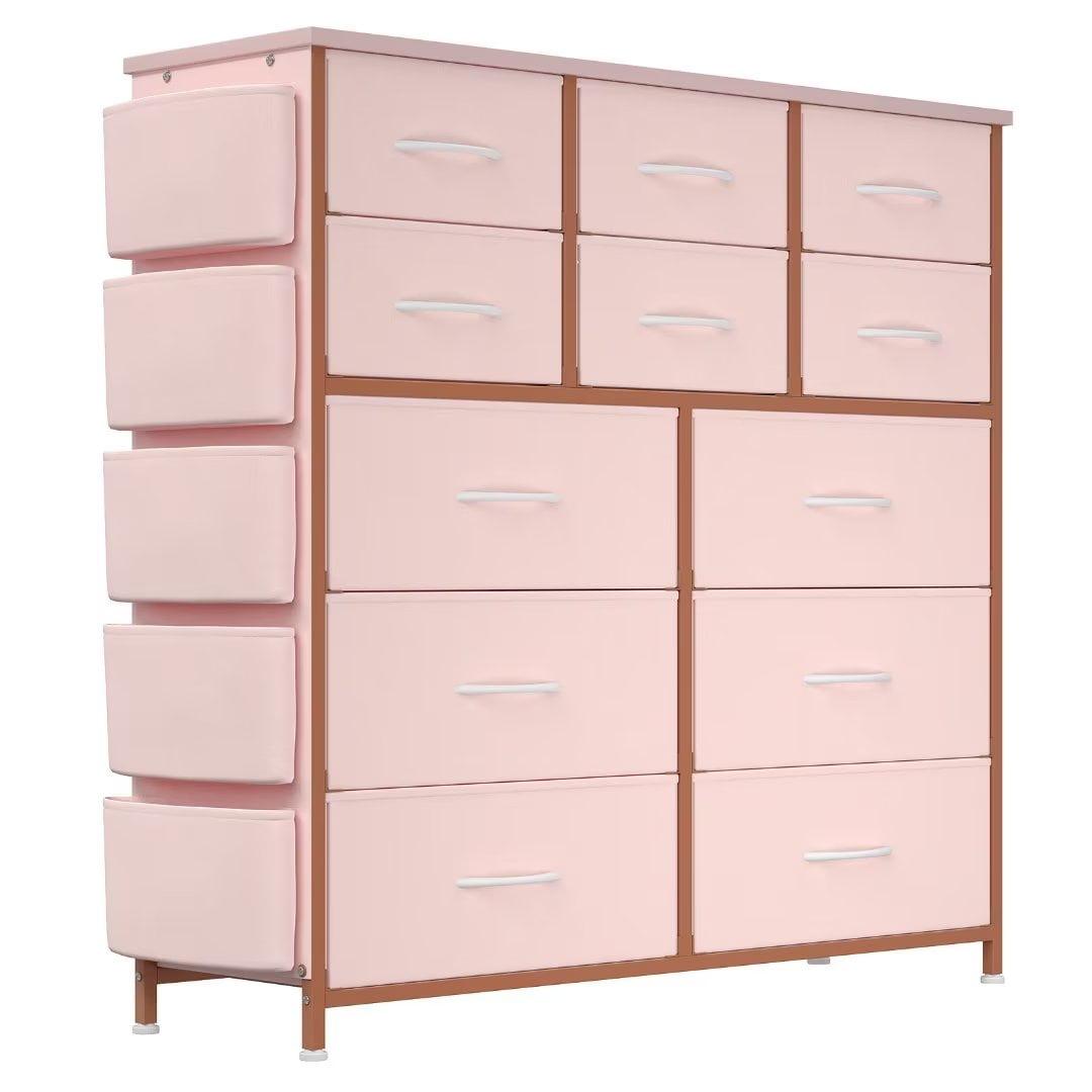 Dresser for Bedroom with 12 Drawer, Storage Organizer Unit with Fabric, Metal Frame, Wood Tabletop, Pink