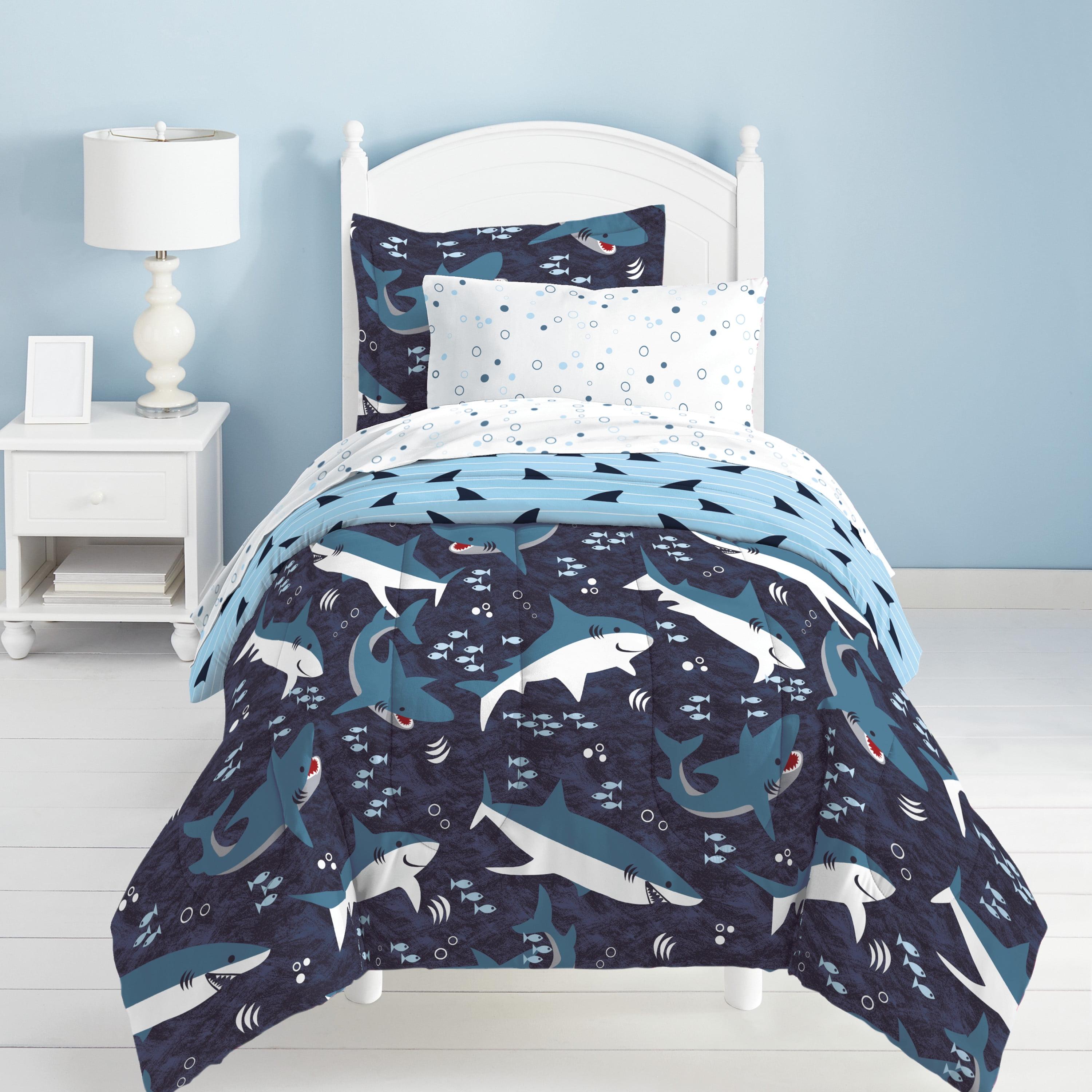 Full Blue Shark Microfiber Comforter Set with 6 Pieces