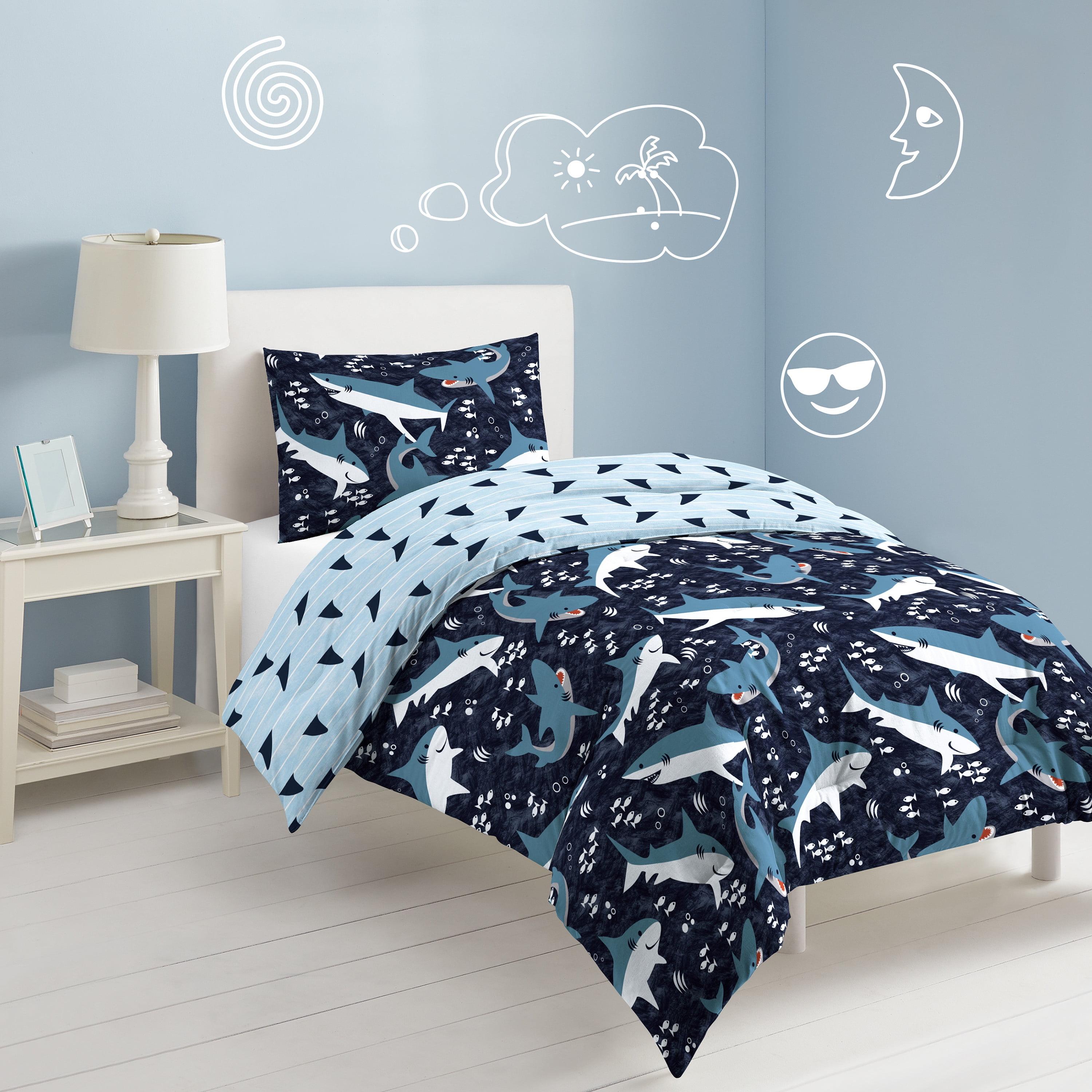 Navy Blue Cotton Twin Kids Shark Bed Set