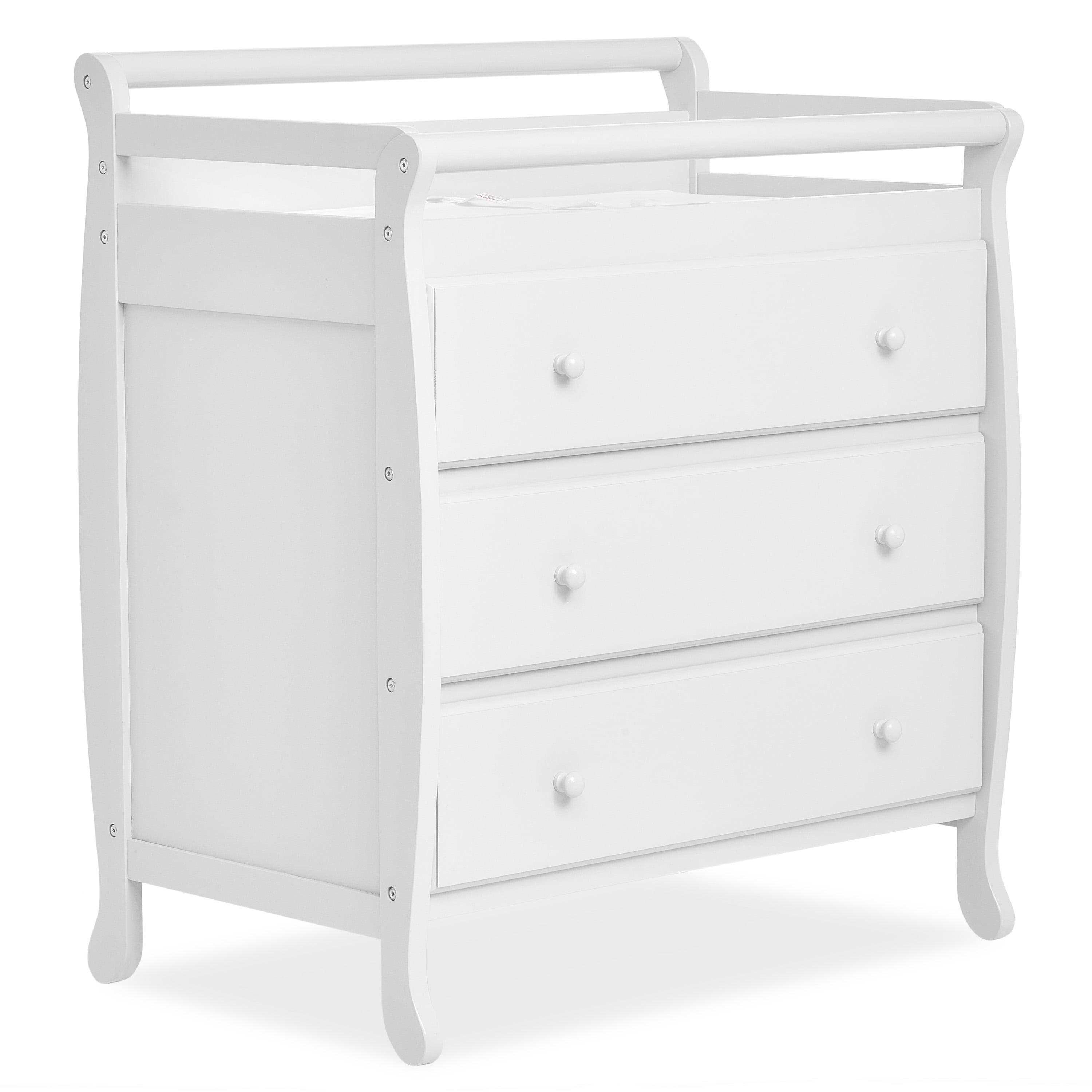 White Classic Sleigh 3-Drawer Changing Table with Safety Strap