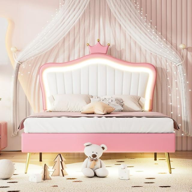 DreamBuck Full Size Upholstered Bed Frame with LED Lights, Upholstered Princess Bed with Crown Headboard and Wooden Slats Support, Modern Platform Bed for Kids, Teens, Girls, No Box Spring Needed