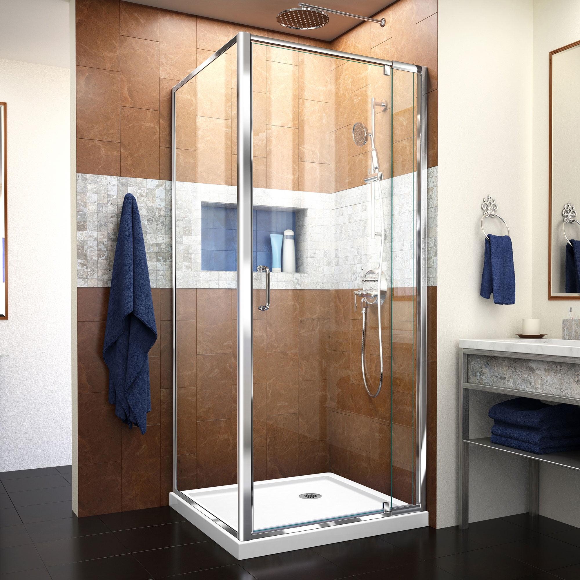 DreamLine Flex 32 in. D x 32 in. W x 74 3/4 in. H Semi-Frameless Pivot Shower Enclosure in Chrome with Corner Drain White Base