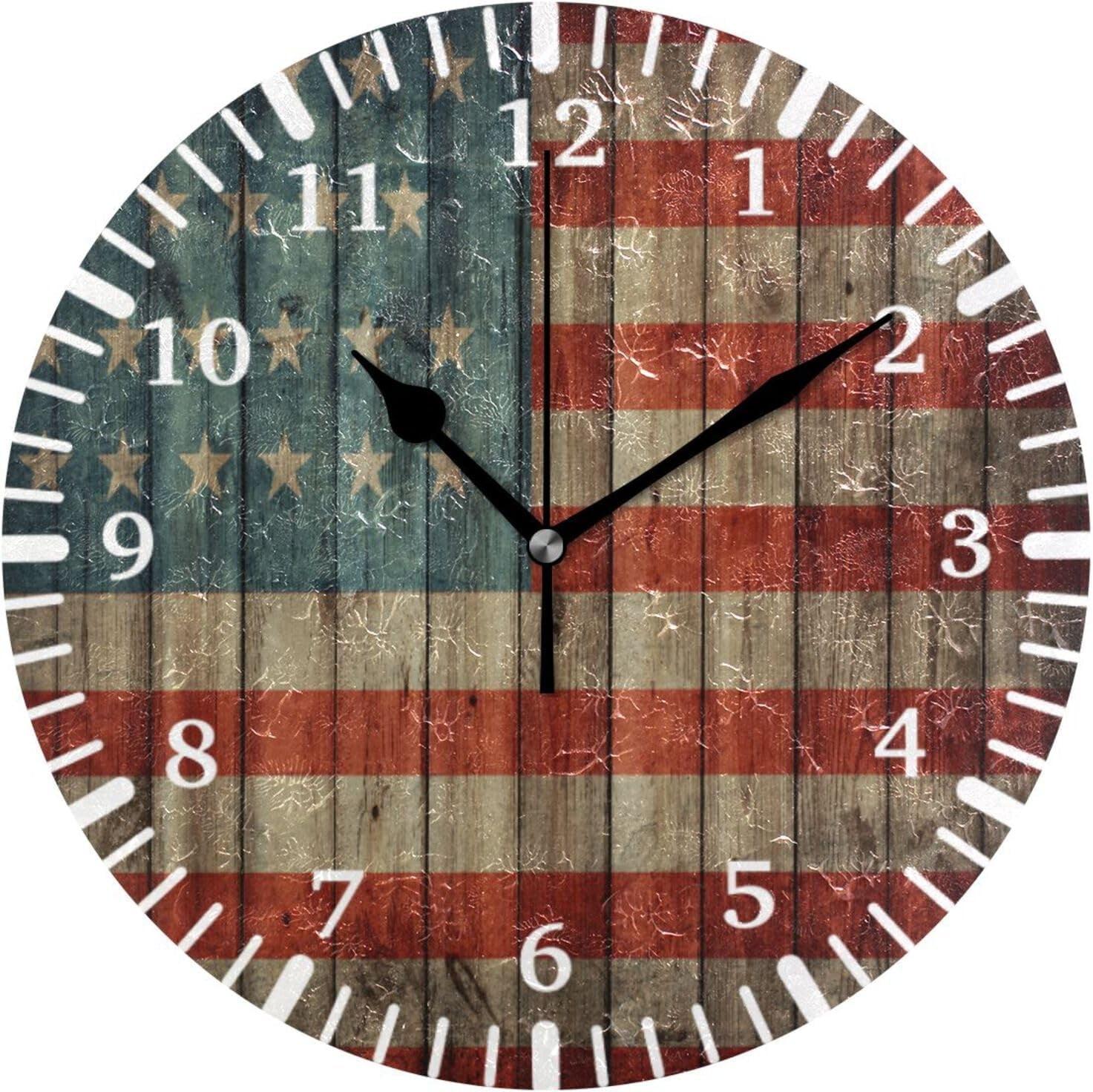 American Flag Wall Clock Round Vintage Silent Non Ticking Battery Operated Accurate Arabic Numerals Design Decorative for Home Kitchen Living Room Bedroom 10 Inch