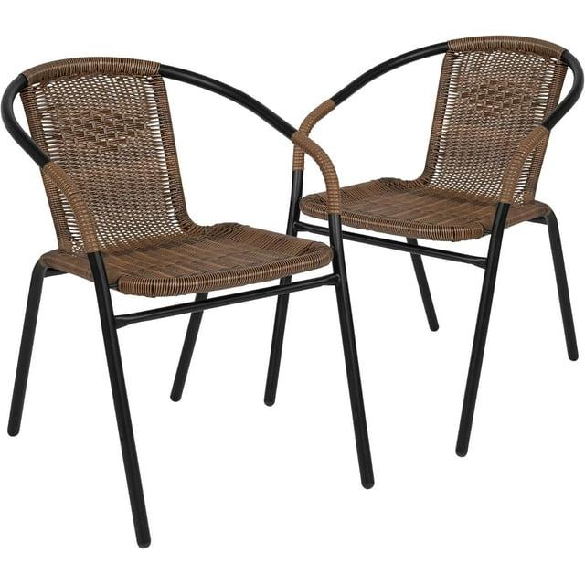 Flash Furniture Lila 2 Pack Medium Brown Rattan Indoor-Outdoor Restaurant Stack Chair