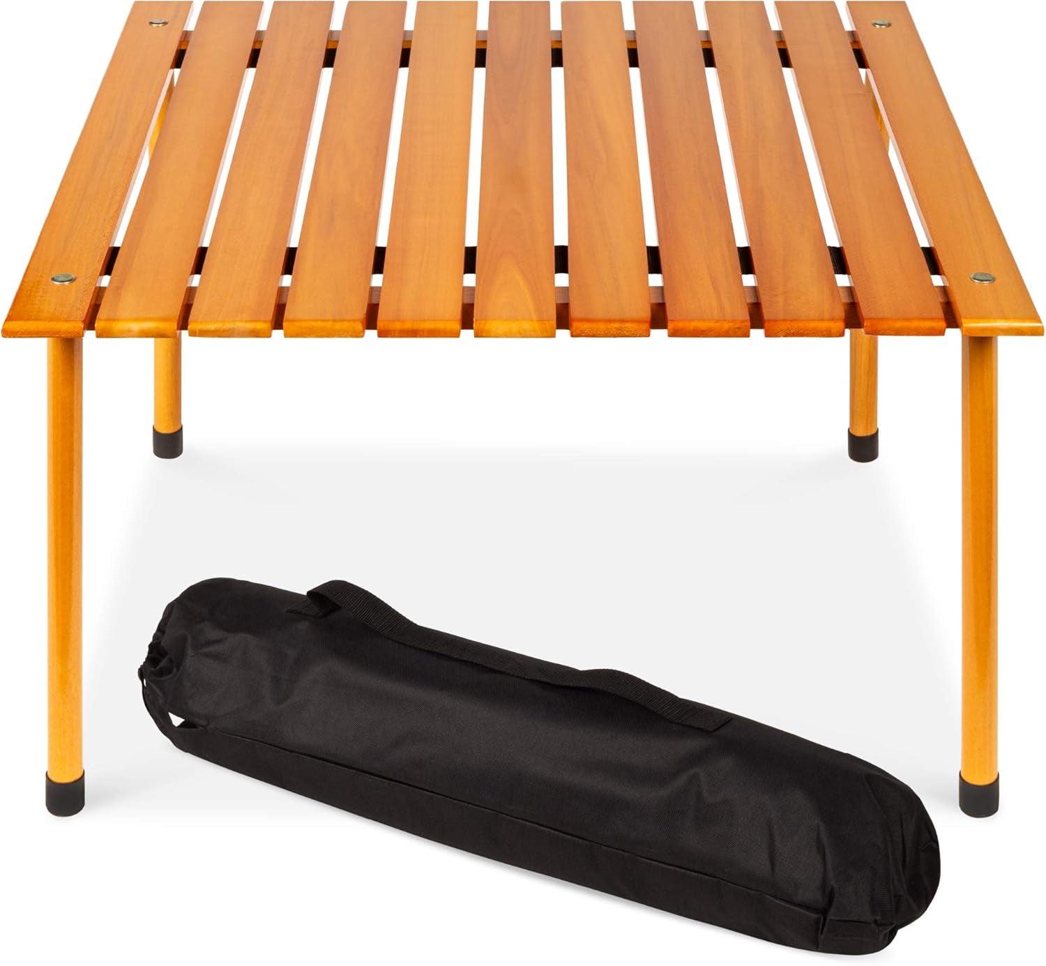 KIBNOF Best Choice Products 28x28in Foldable Indoor Outdoor All-Purpose Portable Wooden Table for Picnics, Camping, Beach, Tailgating, Patio, Kitchen, Living Room w/Carrying Case - Brown