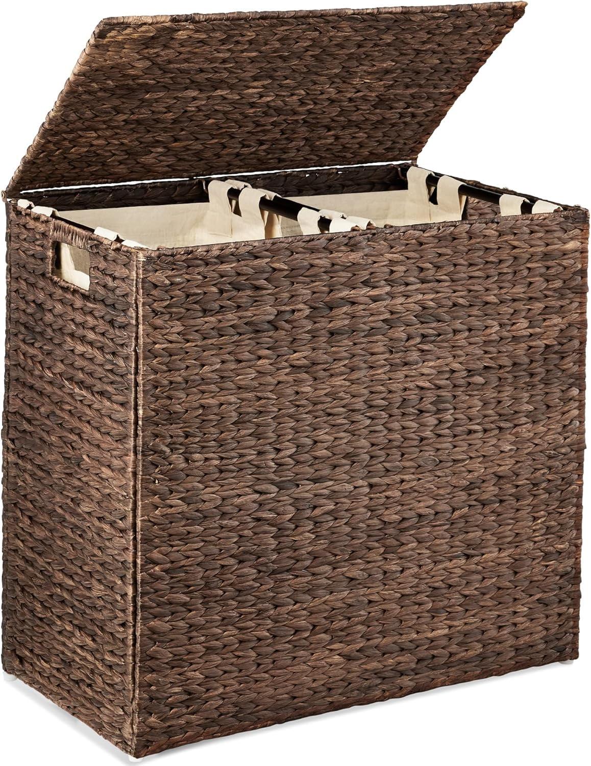 Best Choice Products Large Natural Water Hyacinth Double Laundry Hamper Basket w/ 2 Liner Bags, Handles - Espresso
