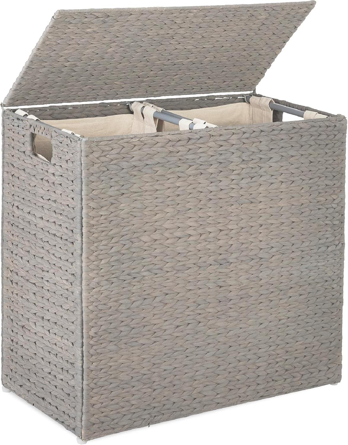 Best Choice Products Large Natural Water Hyacinth Double Laundry Hamper Basket w/ 2 Liner Bags, Handles - Gray