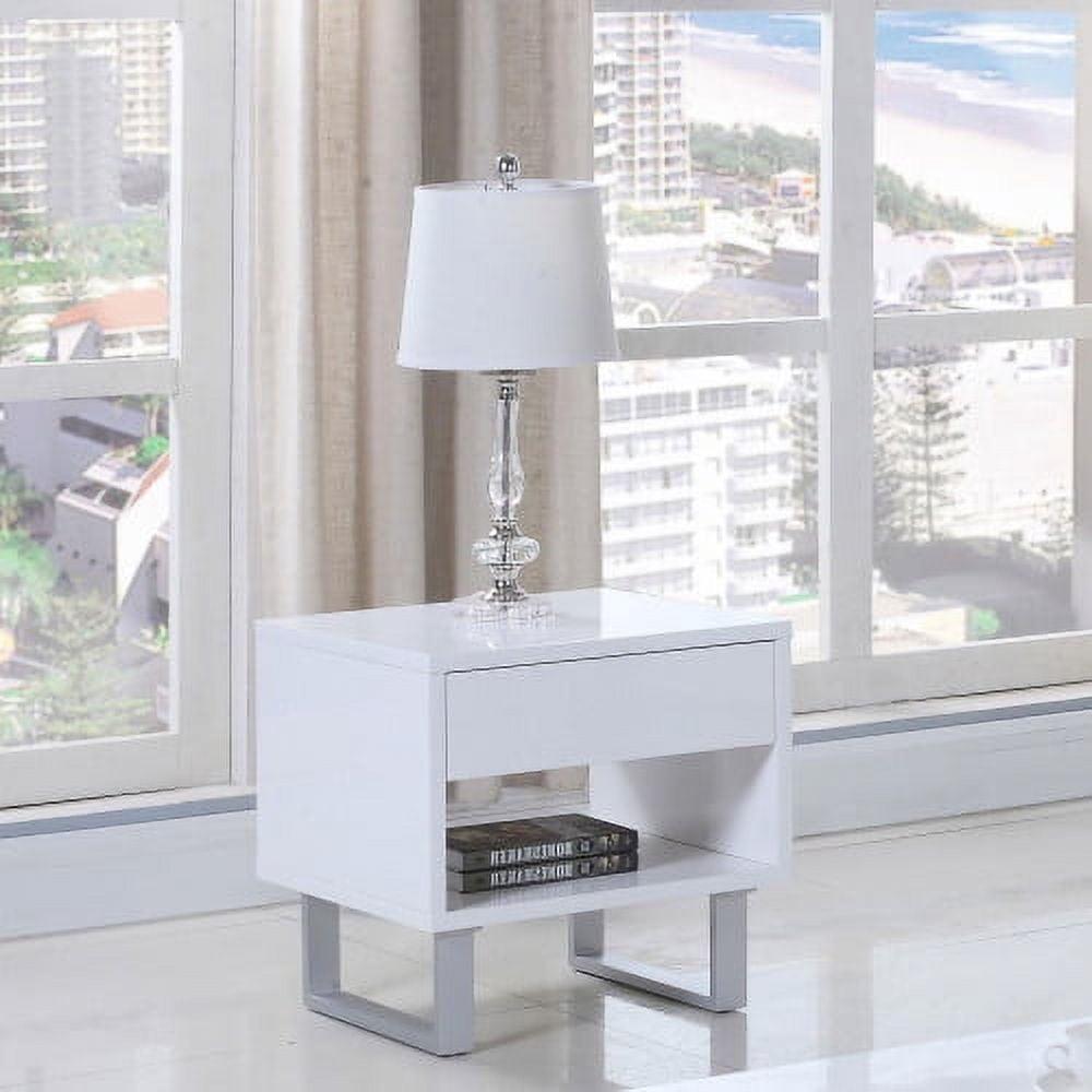 Contemporary White Glossy End Table with Metal U-Legs and Storage Drawer