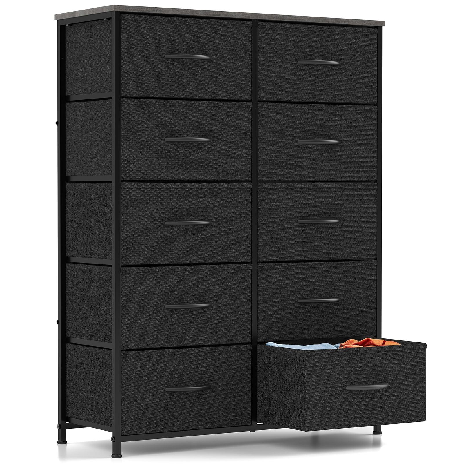 Black 10-Drawer Fabric Dresser with Wood Top and Steel Frame