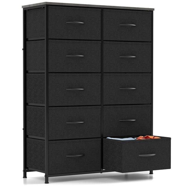 Modern 10-Drawer Fabric Storage Dresser - Tall Chest of Drawers with Steel Frame, Wooden Top, for Bedroom, Closet, Entryway, Black