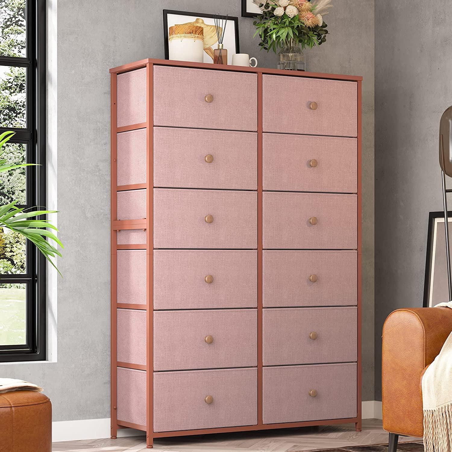 U-SHARE Pink Dresser for Girls Bedroom with 12 Drawers, Dresser for Bedroom with Sturdy Metal Frame and Wooden Top, Bedroom Dressers & Chests of Drawers for Bedroom, Nursery, Closet, Pink