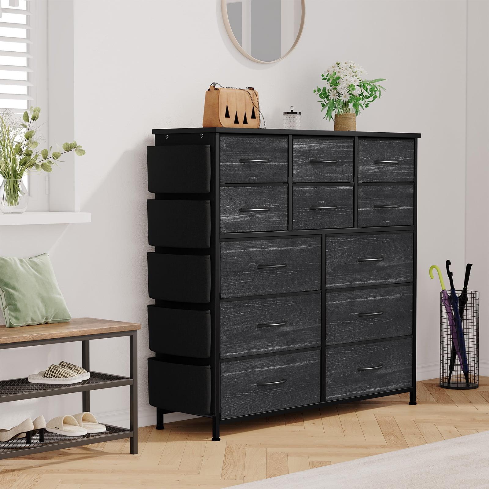 AOWOS 12 Drawer Dresser for Bedroom Fabric Storage Tower Black Dresser with Wood Top Sturdy Steel Frame Storage Organizer Unit