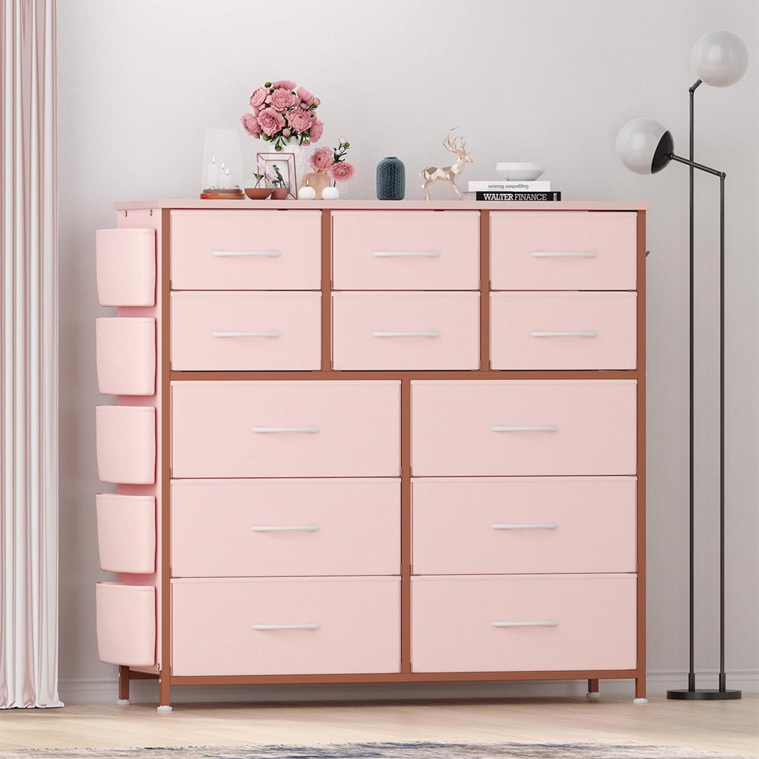 Pink Tall Fabric Dresser with Side Pockets and Metal Frame