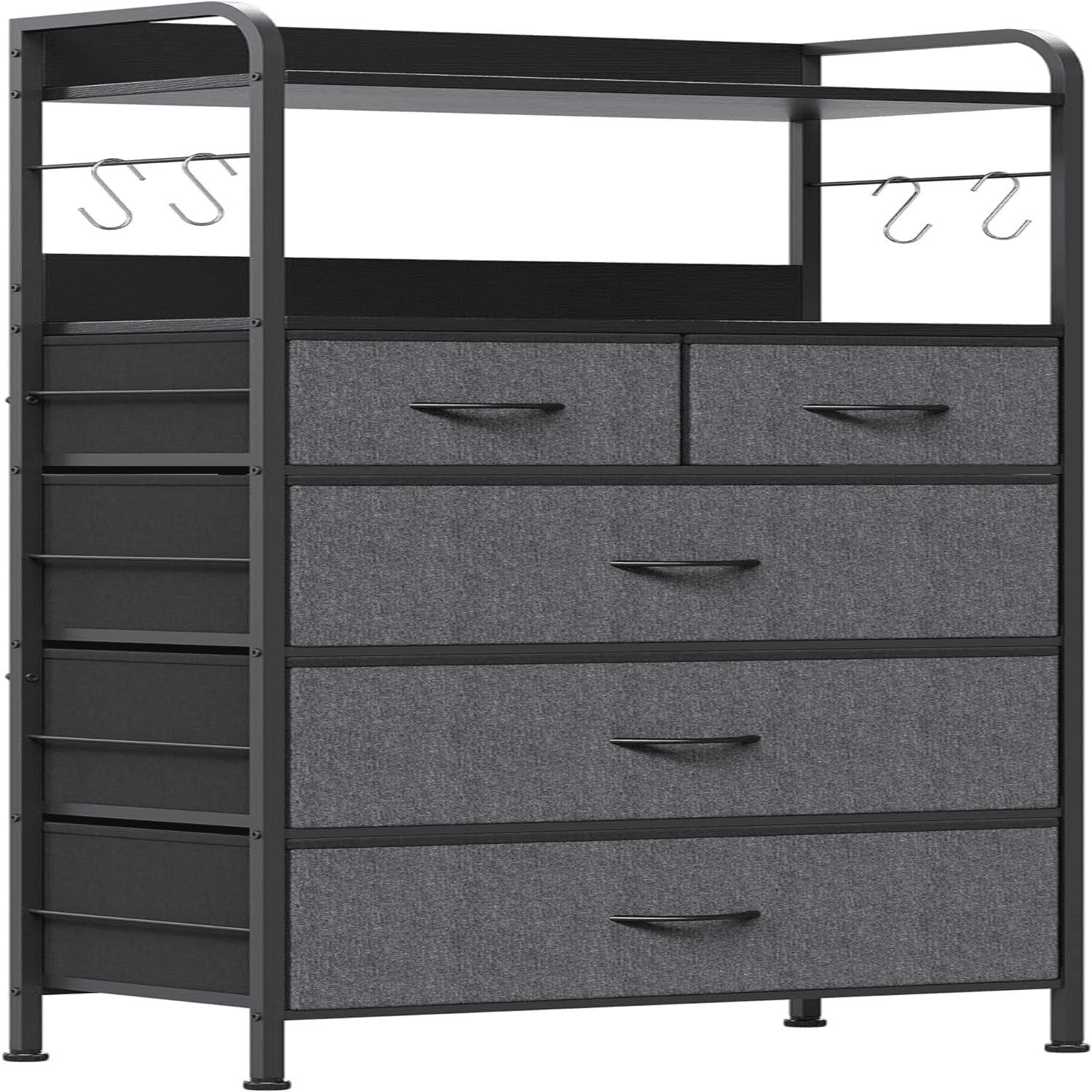 Jojoka 5-Drawers Dresser for Bedroom, Chests of Drawers with Hooks, Wood Table Top, Sturdy Metal Frame, Fabric Storage Organizer Cabinet for kitchen, Living Room, Hallway, Entryway, Rustic Grey