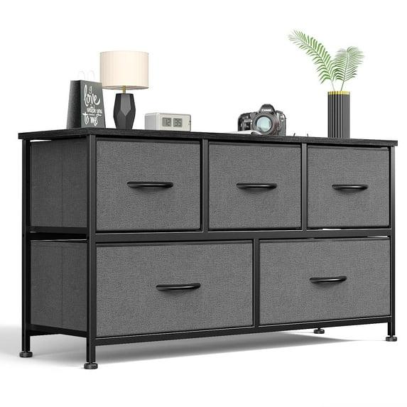 CONCETTA Dresser for Bedroom, 5 Fabric Drawers Dresser, Clothes Cabinet Storage Organizers and Wood Top Surface Table for TV, Chest of Drawers for Living Room, Hallway, Gray